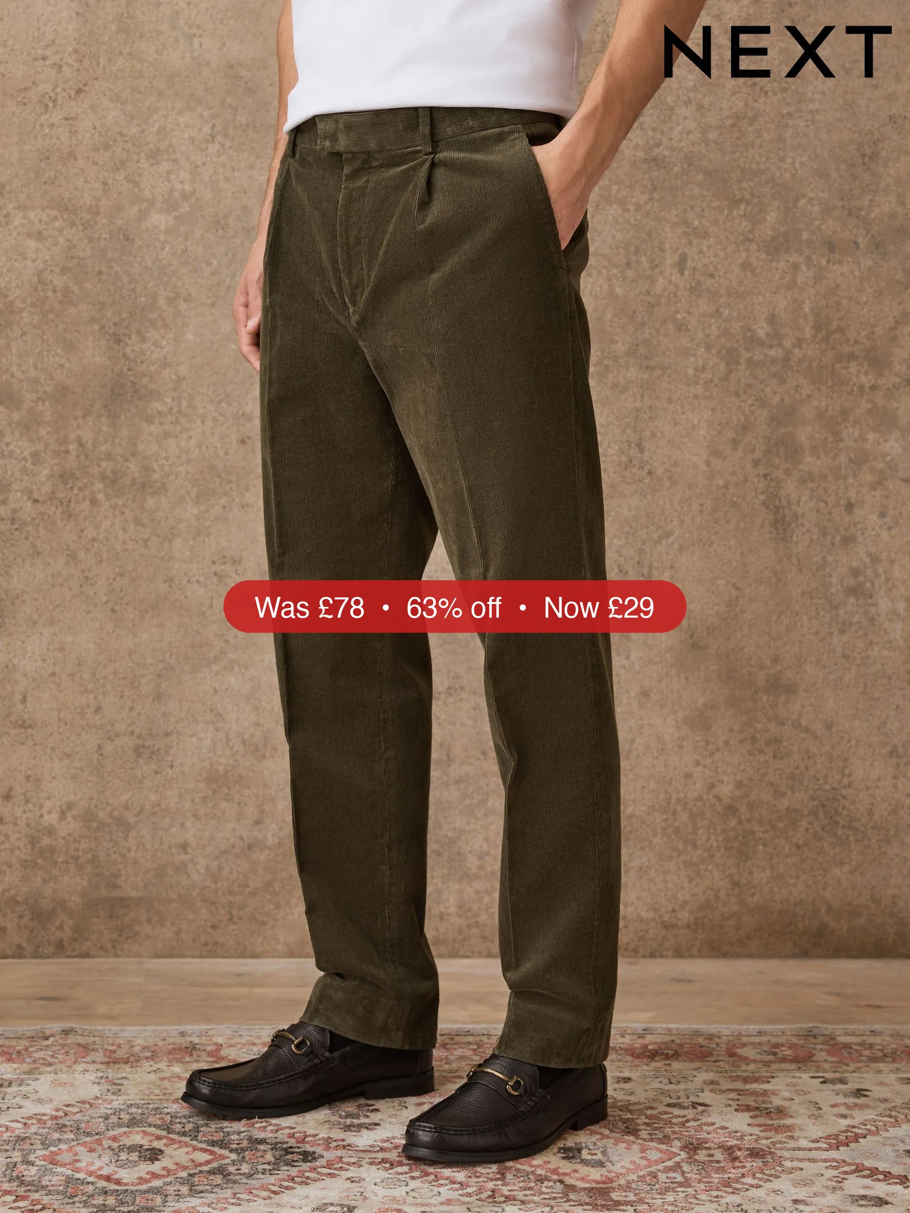 Next Khaki Green Straight Fit Smart Cotton Rich Cord Trousers – 63% Off