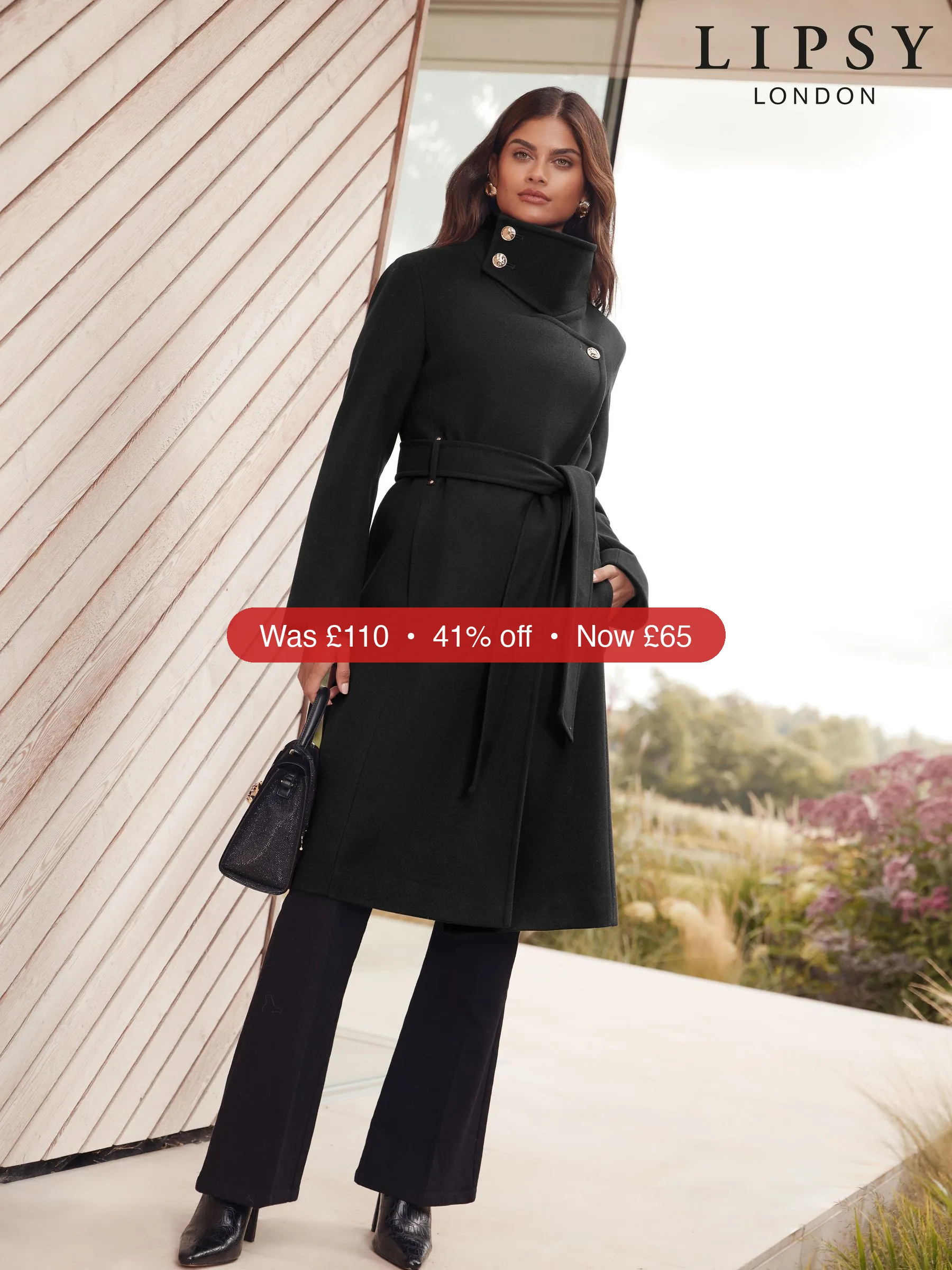 Next Lipsy Black Asymmetrical Funnel Neck Belted Coat – 41% Off