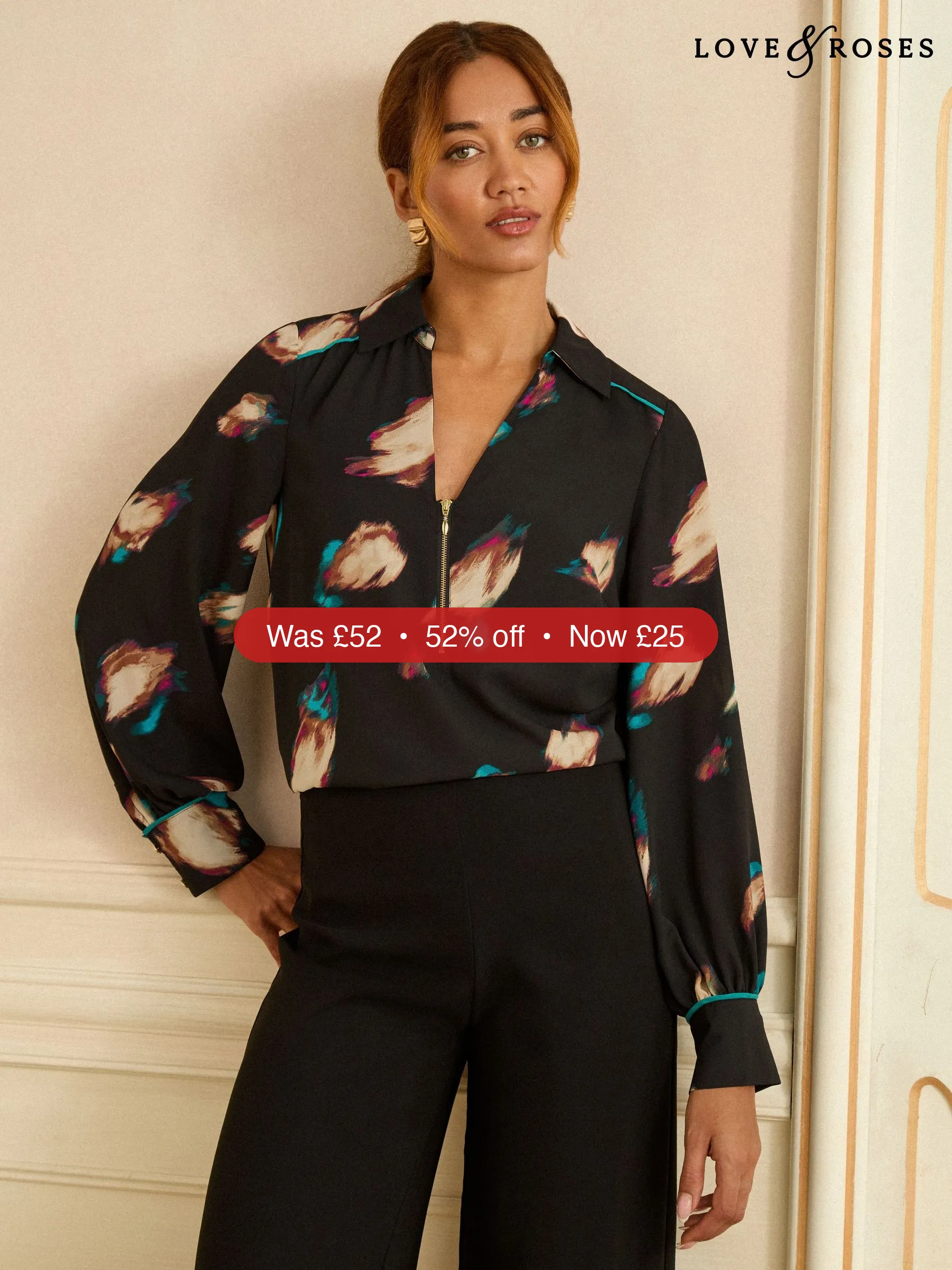 Next Love & Roses Black Animal Long Sleeve Zip Front Blouse – 52% Off