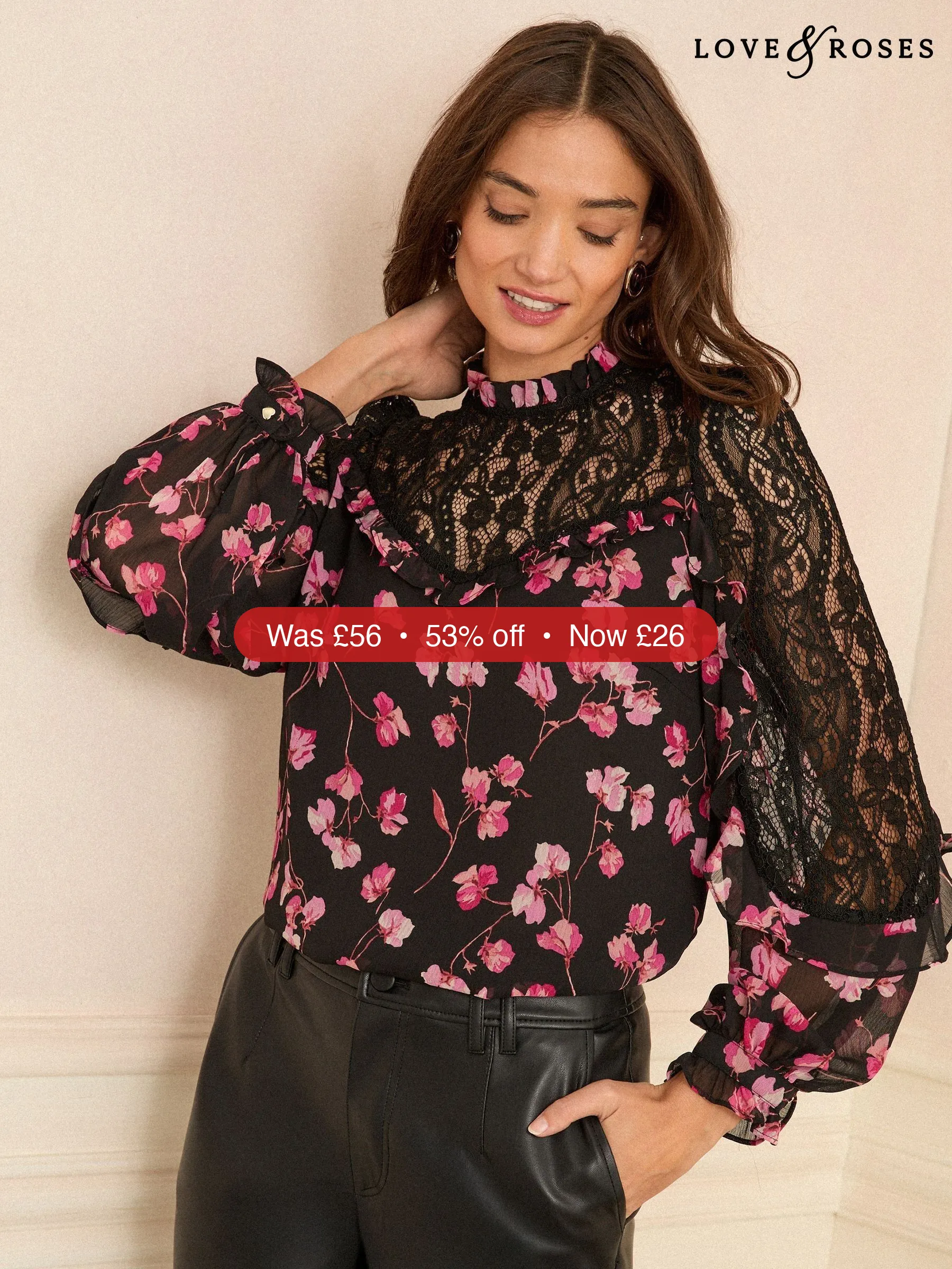 Next Love & Roses Black Floral Print Crew Neck Lace Yoke Long Sleeve Blouse – 53% Off