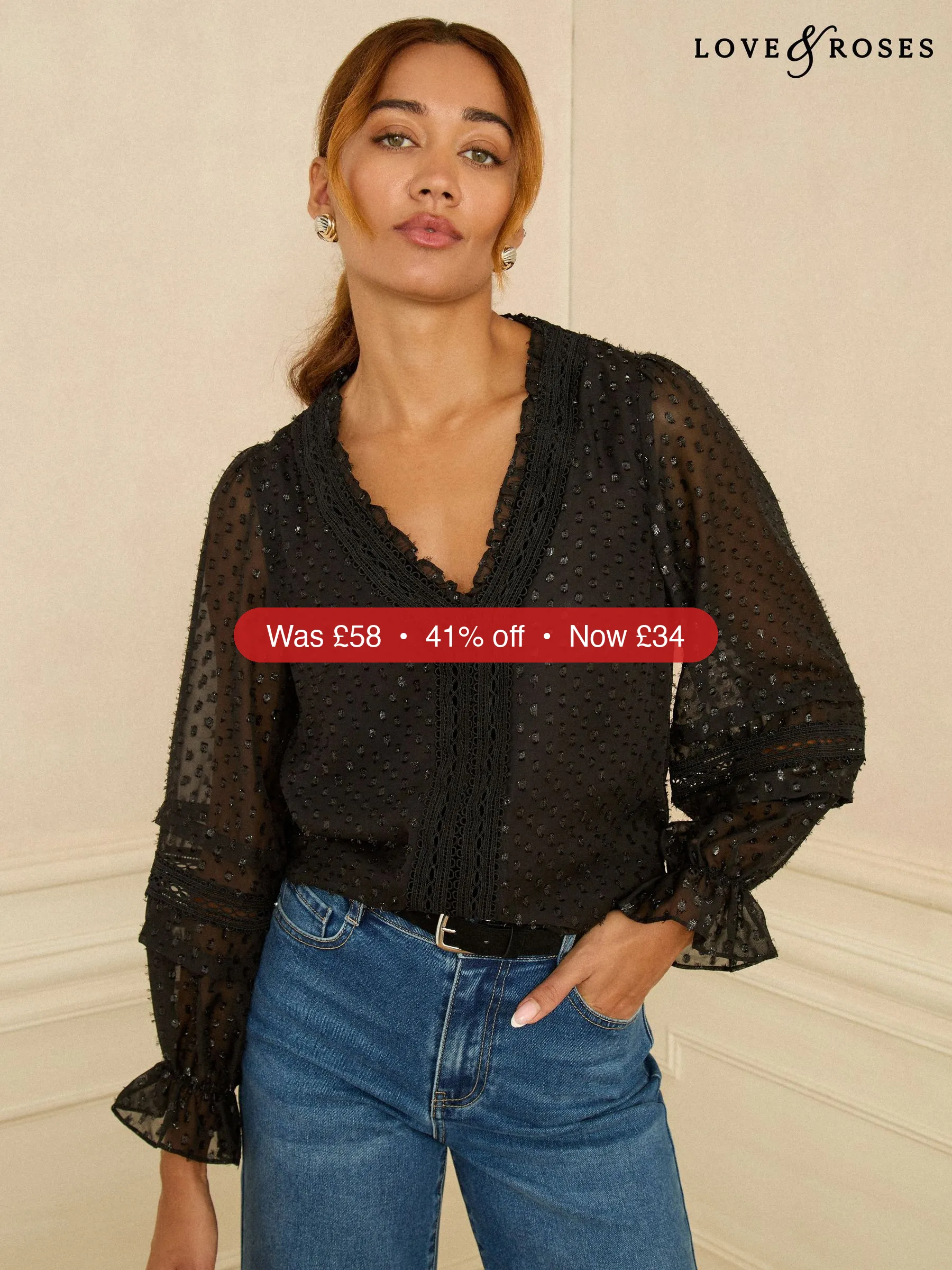 Next Love & Roses Black Long Sleeve Metallic Dobby Velvet Blouse – 41% Off