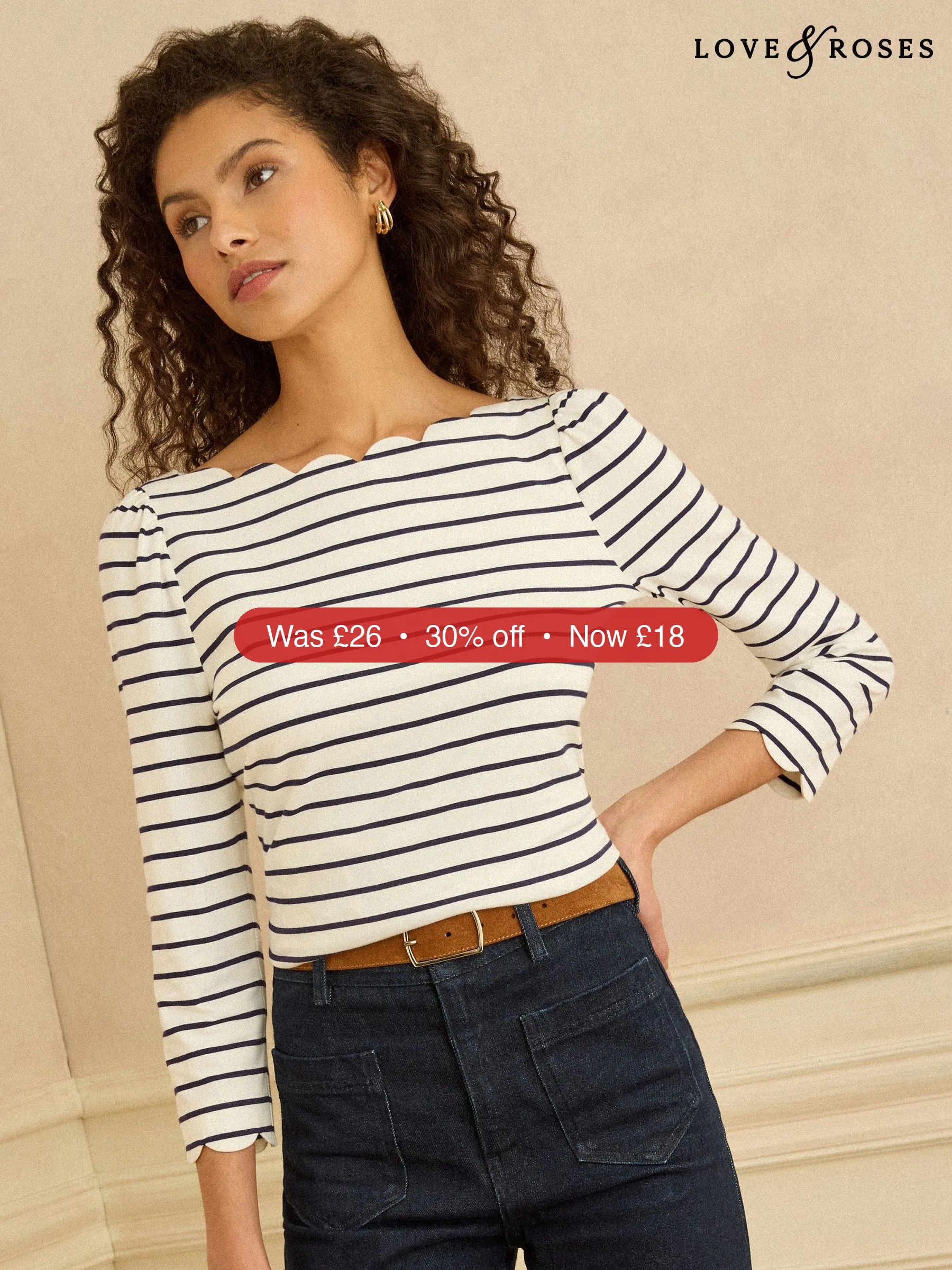 Next Love & Roses Ivory Stripe 3/4 Sleeve Jersey Top – 30% Off