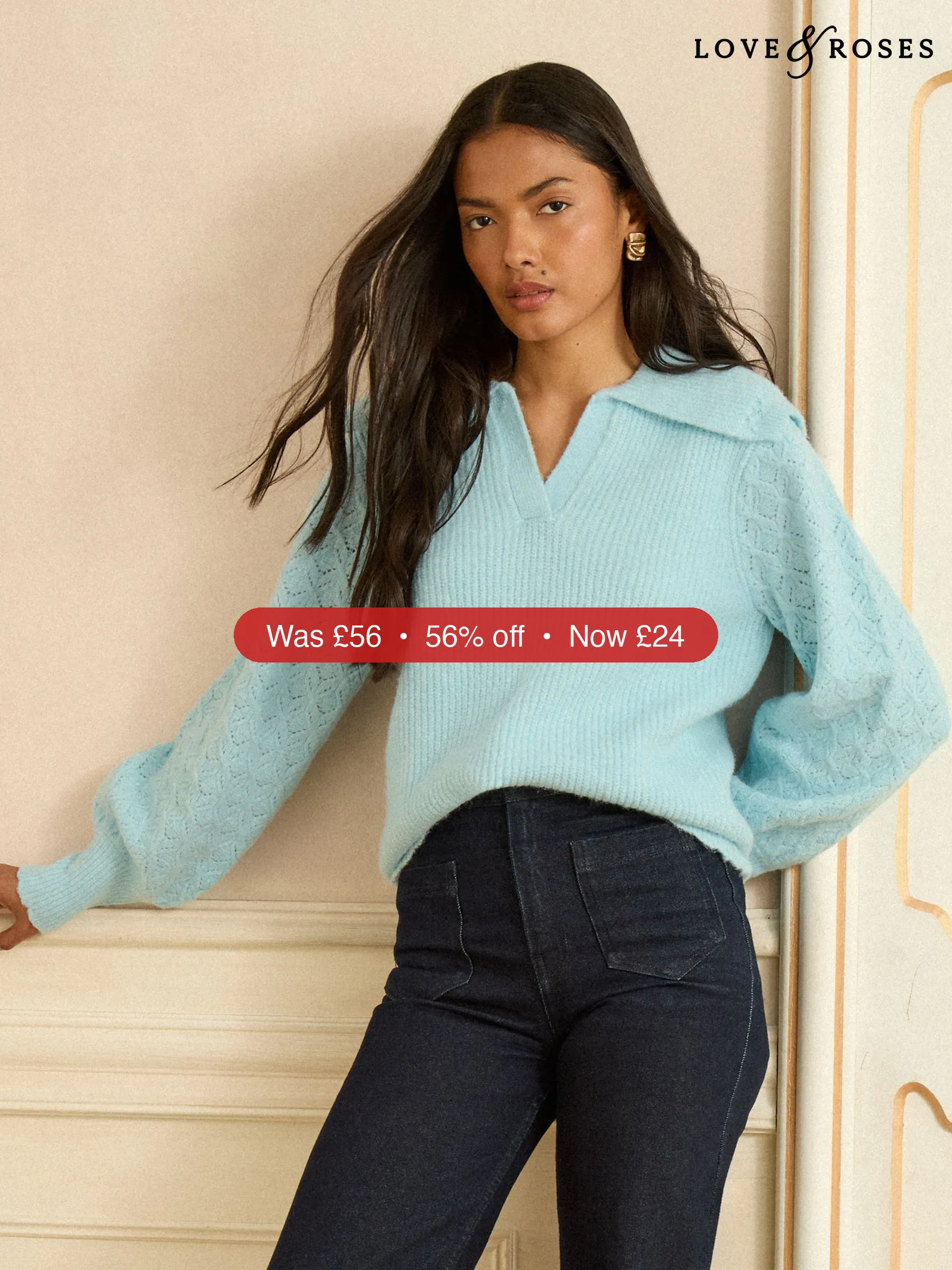 Next Love & Roses Pale Blue Petite Knitted Collared Jumper – 56% Off