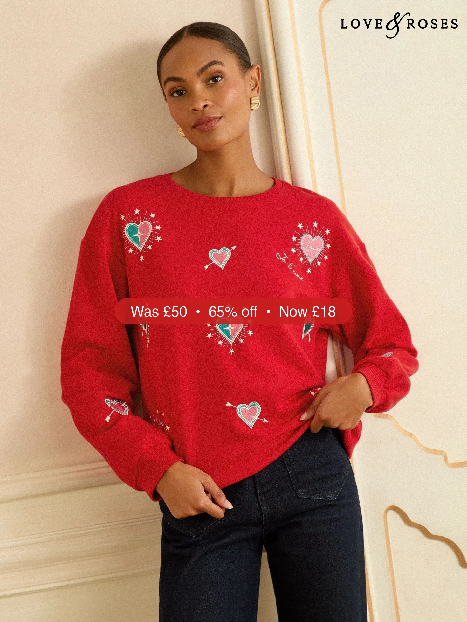 Next Love & Roses Red Heart Embroidery Crew Neck Jersey Sweatshirt – 65% Off