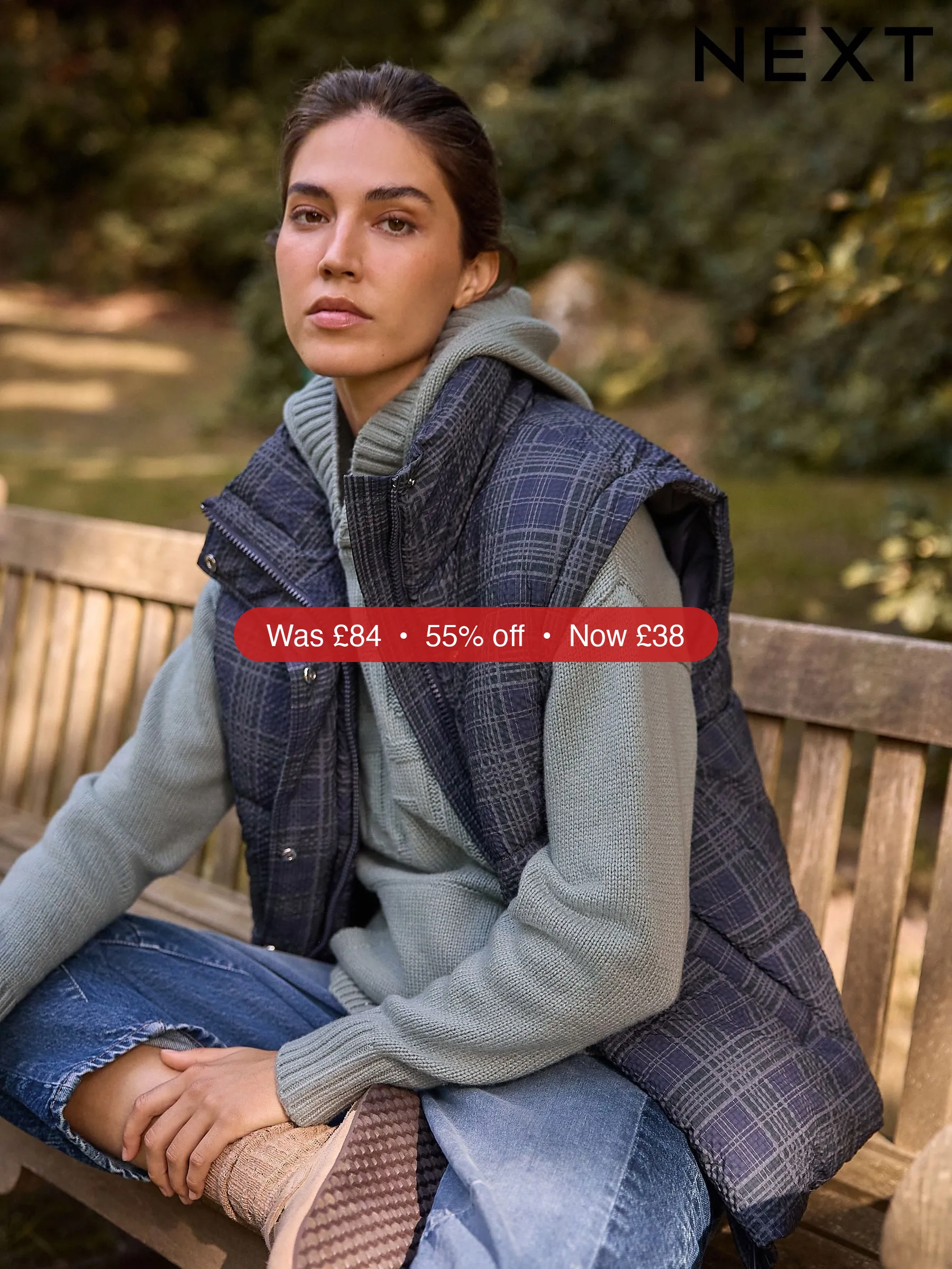 Next Navy Blue Check Short Padded Coat with Detachable Sleeves – 55% Off