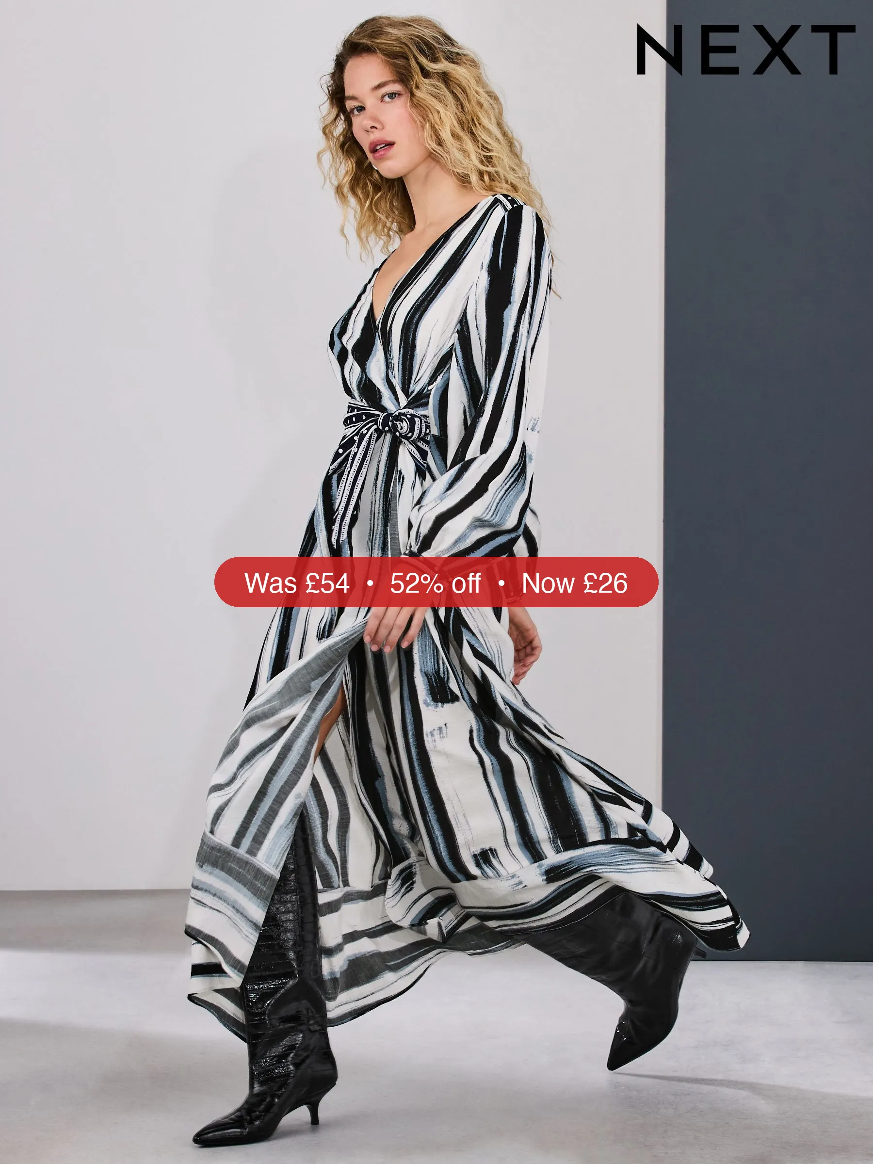 Next Navy Blue/Ecru Stripe V-Neck Tie Waist Long Sleeve Midi Dress – 52% Off