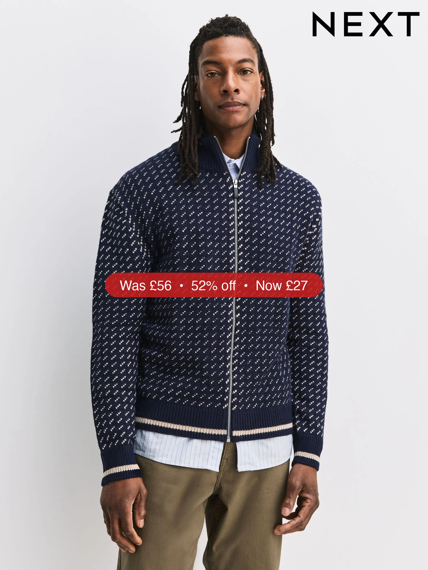 Next Navy Blue/Ecru White Relaxed Fit Geometric Pattern Zip Through Cardigan with Wool – 52% Off