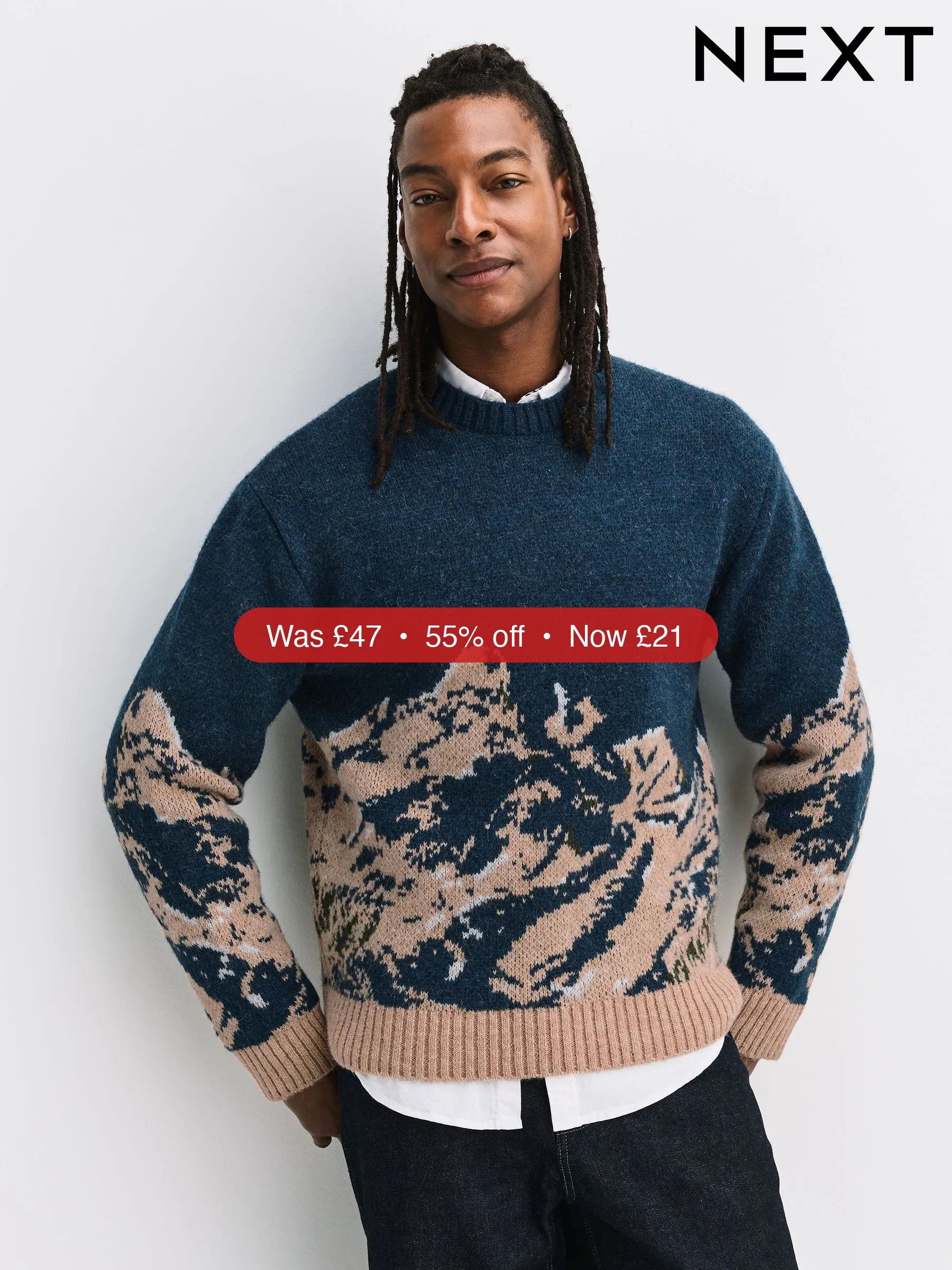 Next Navy Blue Relaxed Fit Knitted Mountain Landscape Crew Neck Jumper – 55% Off
