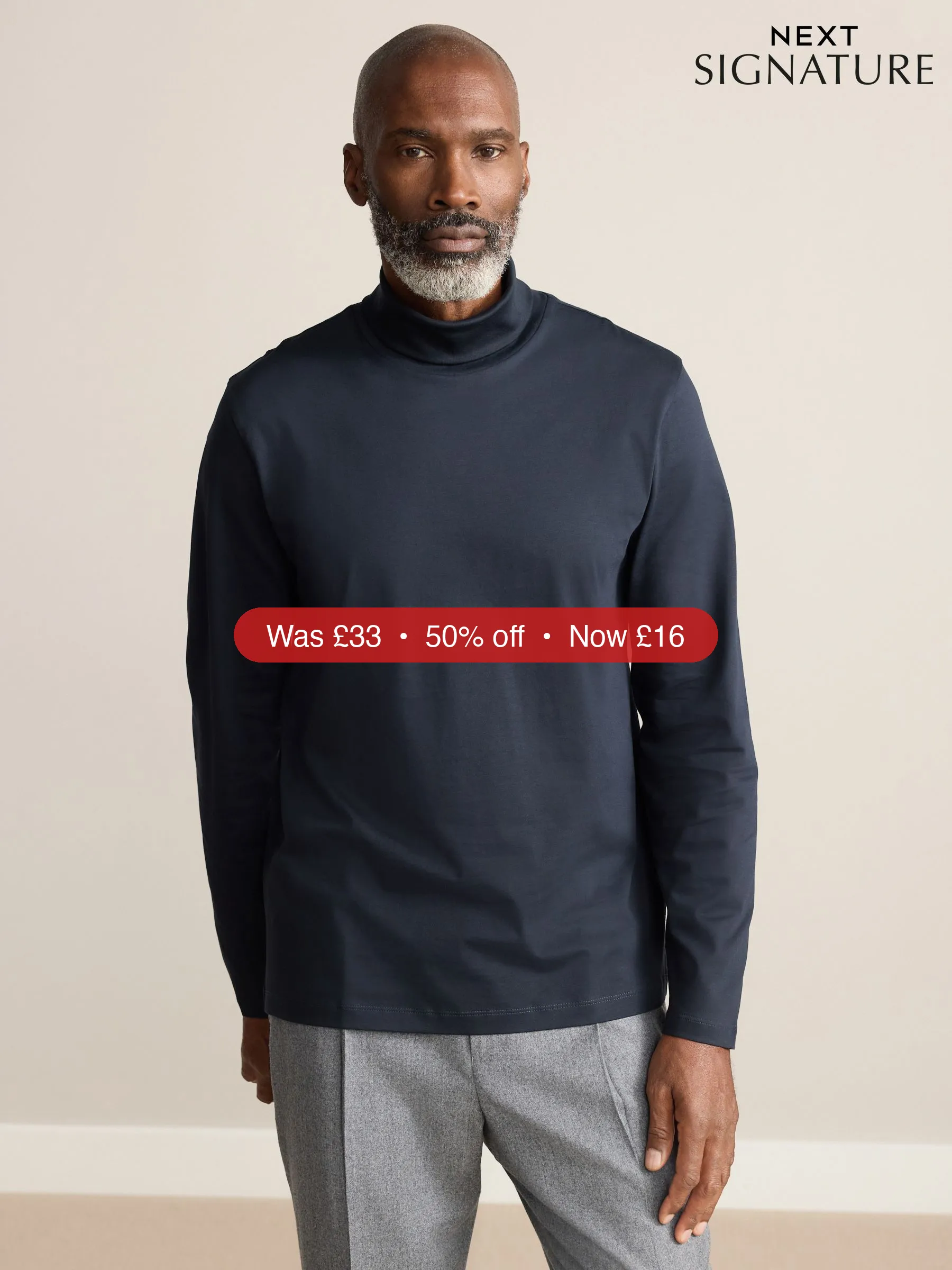 Next Navy Blue Signature SUPIMA® Cotton Long Sleeve Roll Neck T-Shirt – 50% Off