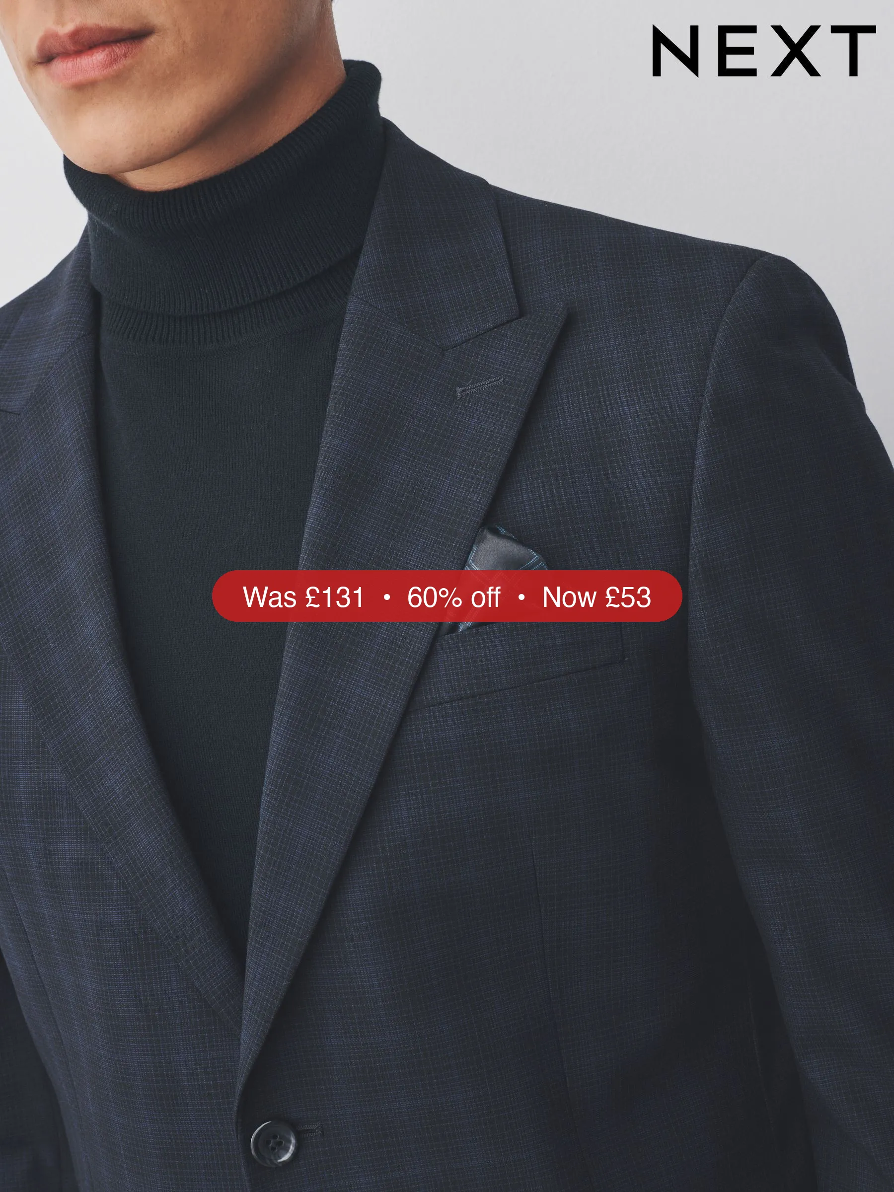 Next Navy Blue Slim Fit Check Suit Jacket – 60% Off