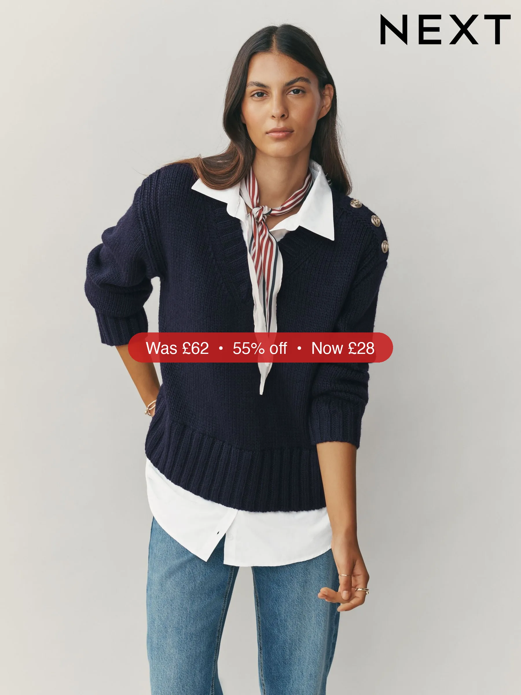 Next Navy Blue V-Neck Knitted Shirt Layer Look Jumper – 55% Off