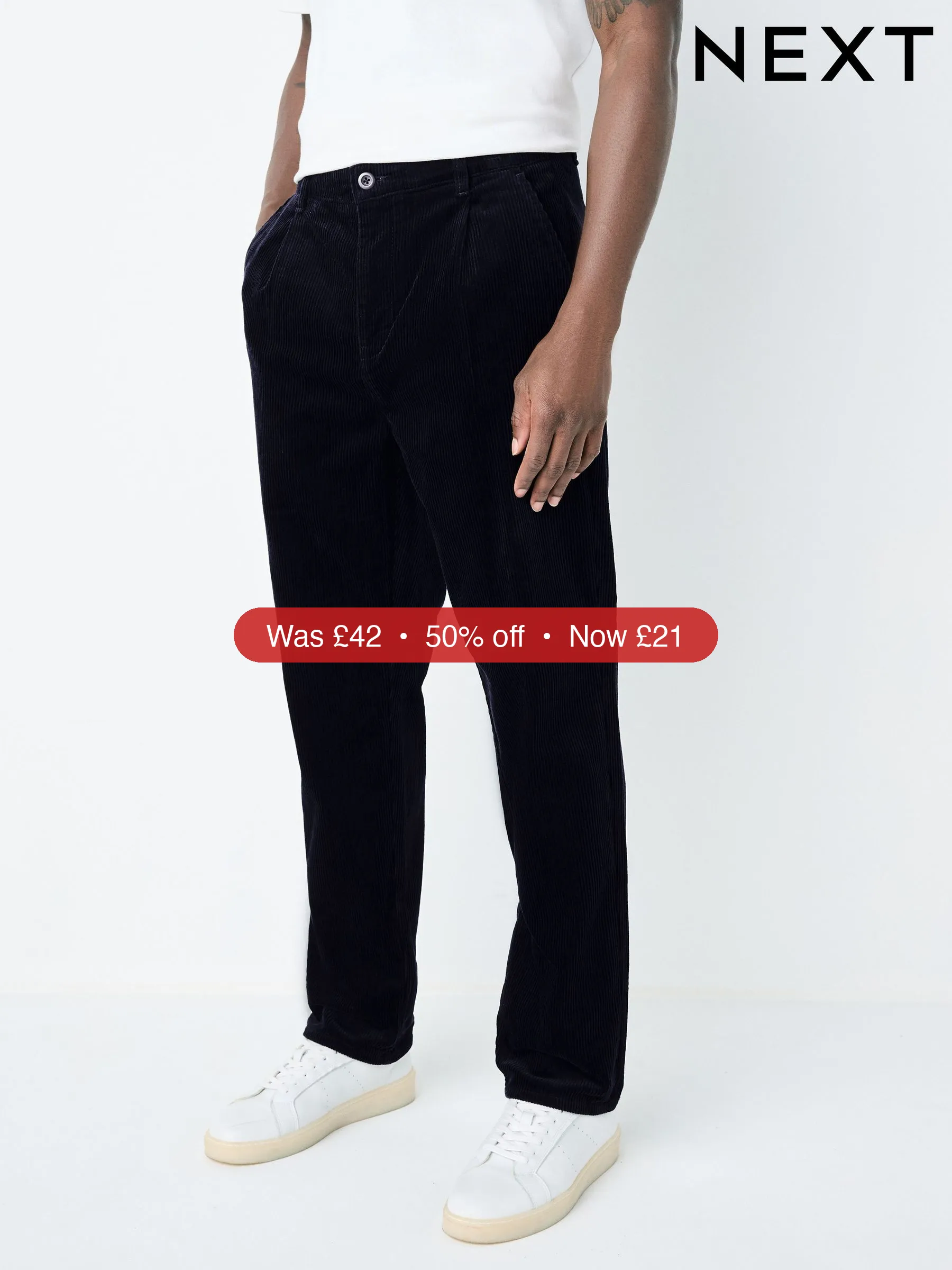 Next Navy Regular Tapered Fit Corduroy Single Pleated Trousers – 50% Off