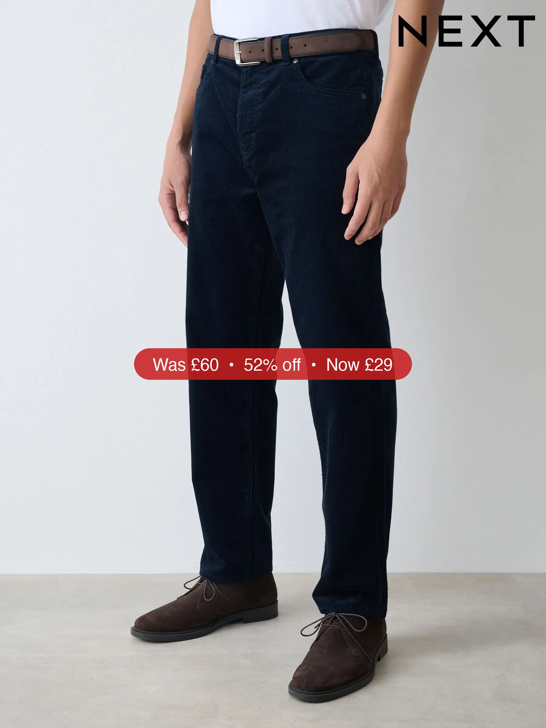 Next Navy Straight Fit Belted Corduroy Trousers – 52% Off