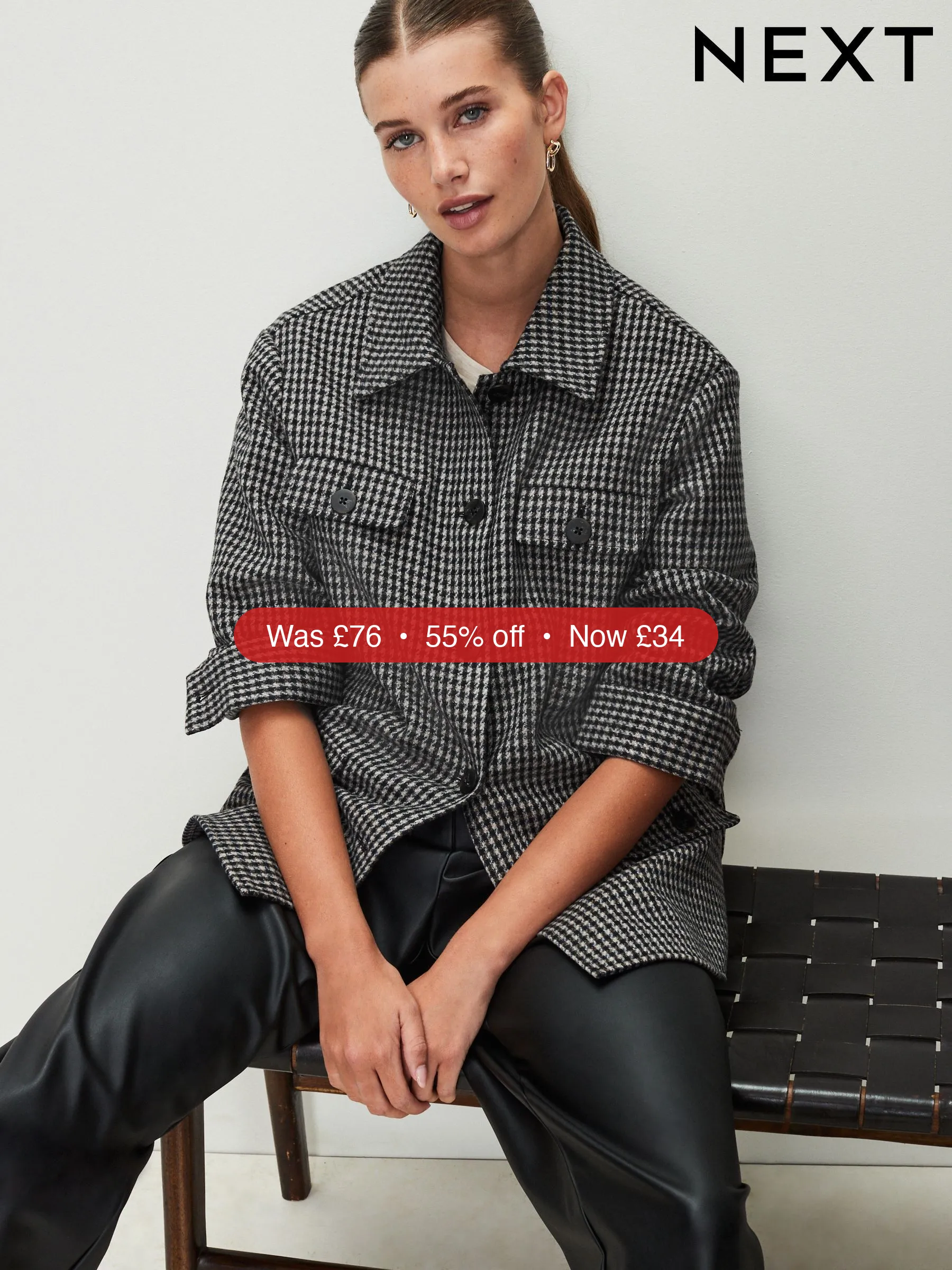 Next Neutral/Black Brushed Check Shacket – 55% Off