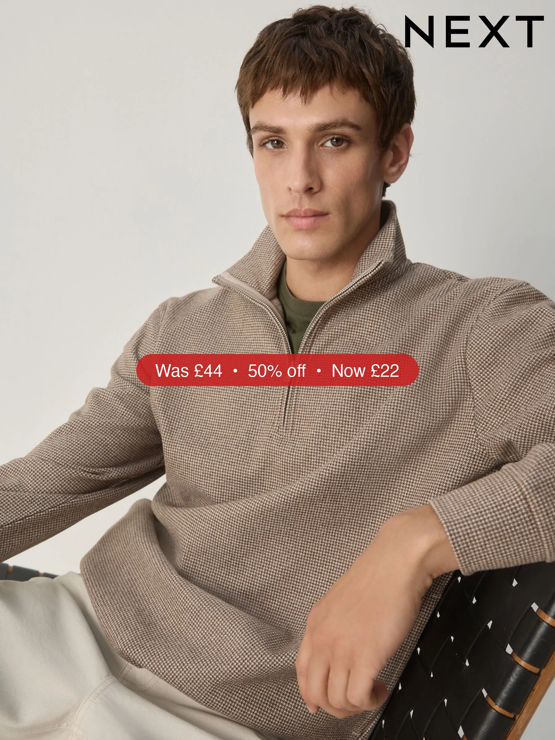 Next Neutral Brown Dogtooth Long Sleeve Quarter Zip Jumper – 50% Off