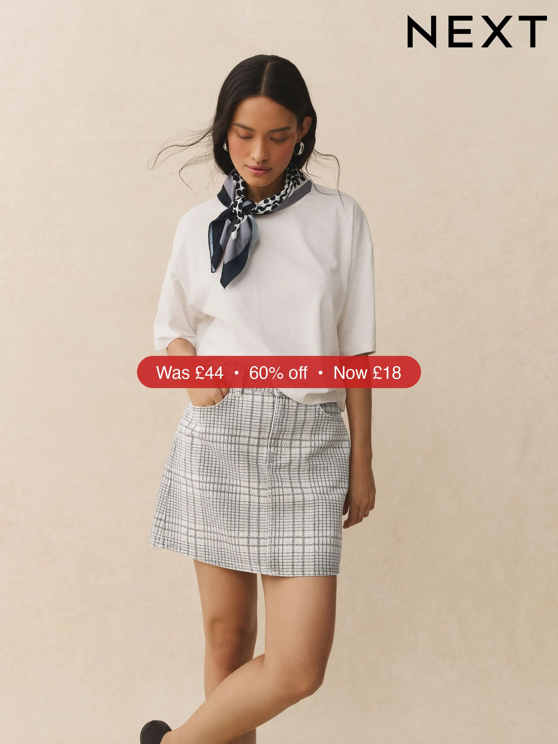 Next Neutral Checked Denim Mini Skirt – 60% Off