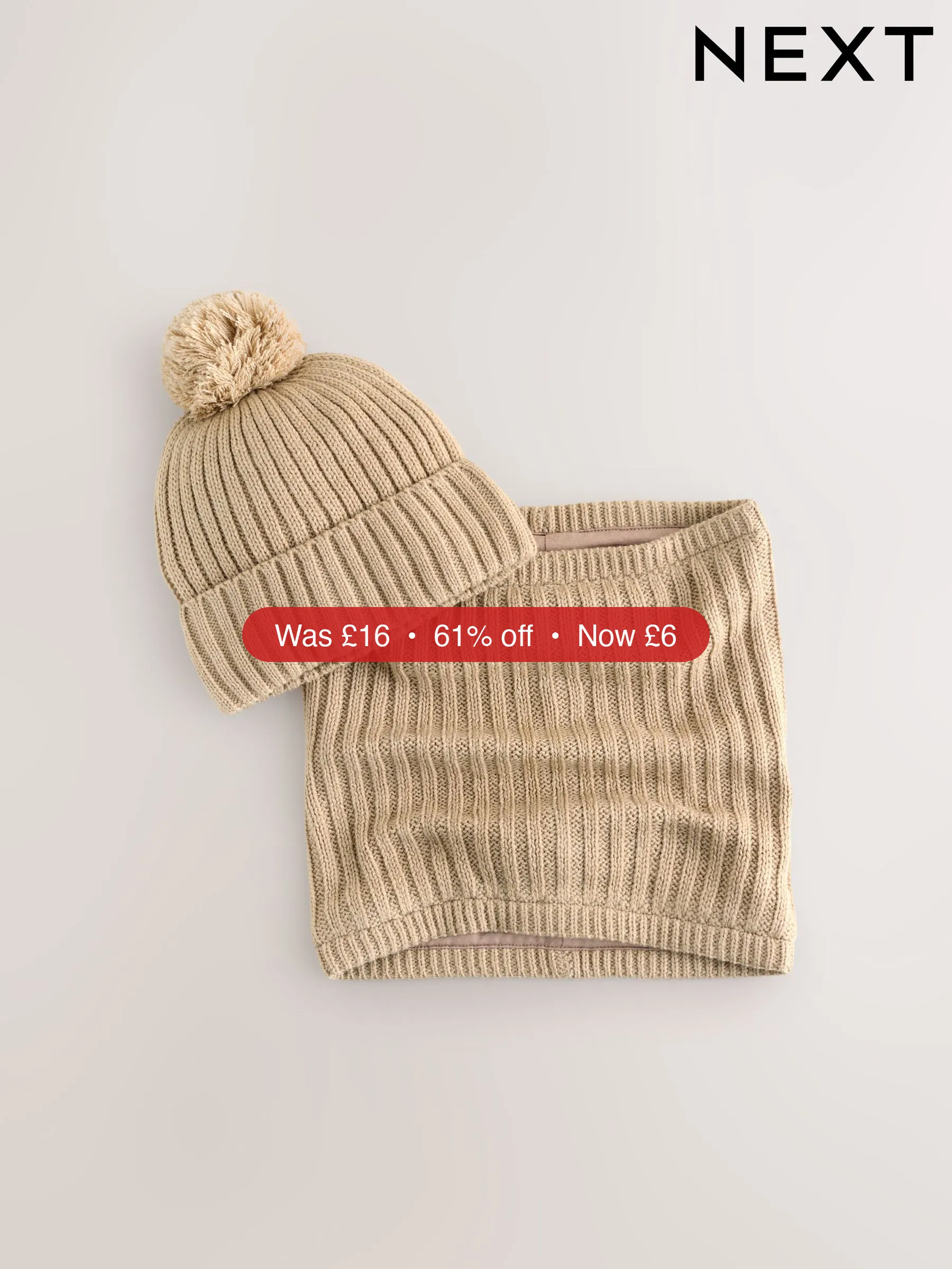 Next Neutral Pom Beanie Hat & Snood Set 2 Piece (1-16yrs) – 61% Off
