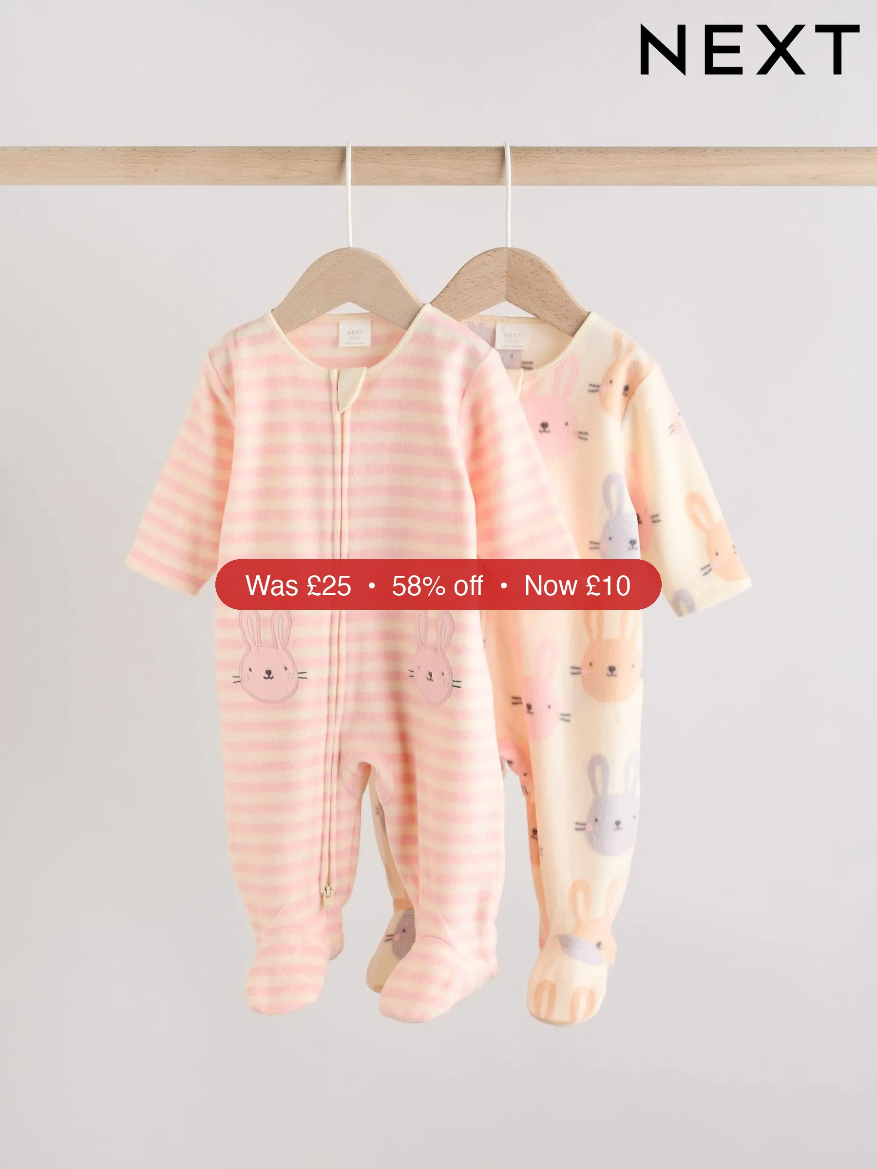 Next Pink 2 Pack Micro Fleece Two Way Zip Baby Sleepsuits – 58% Off