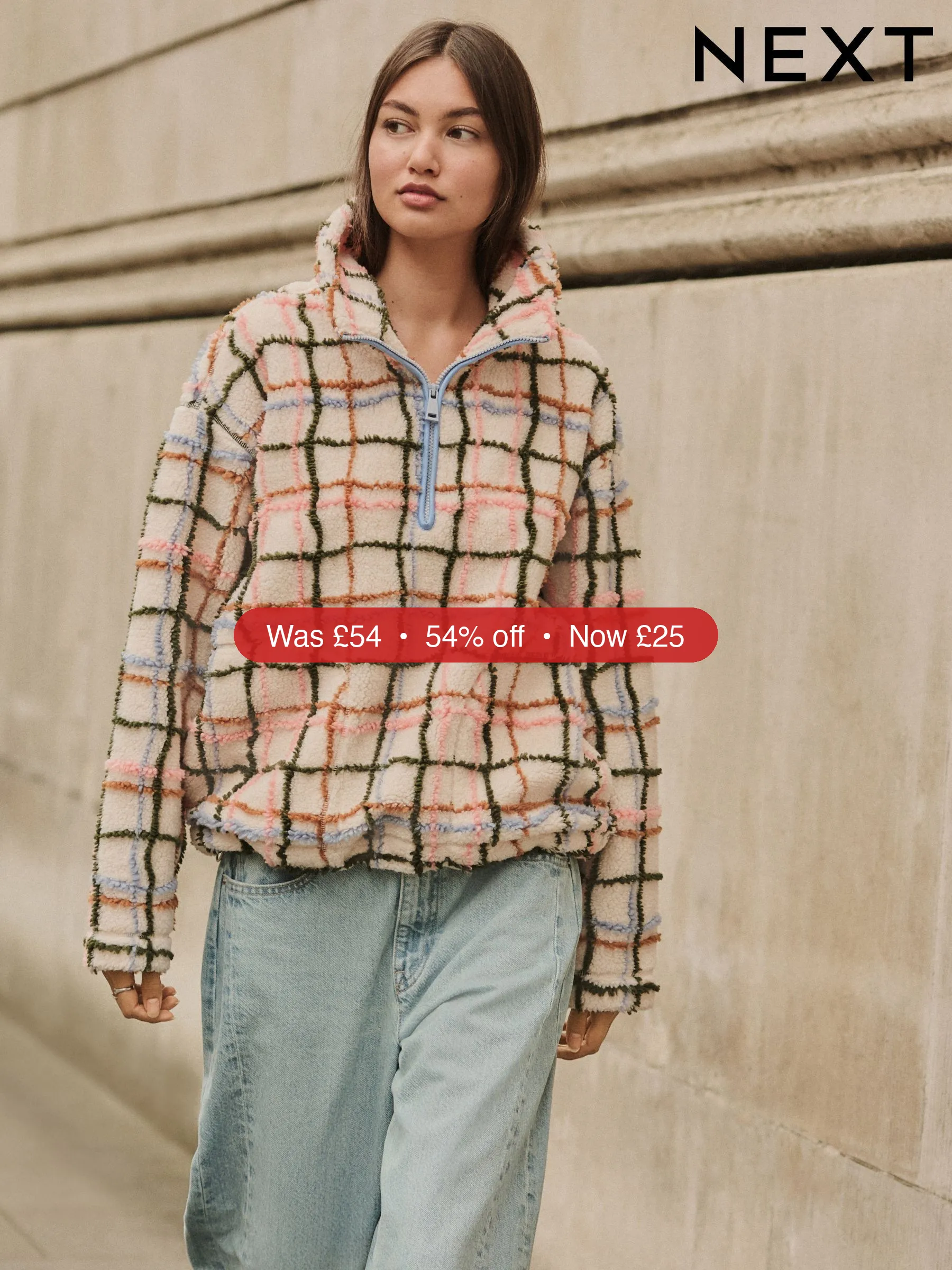 Next Pink/ Ecru Check Soft Touch Cosy Teddy Borg Quarter Zip Fleece – 54% Off