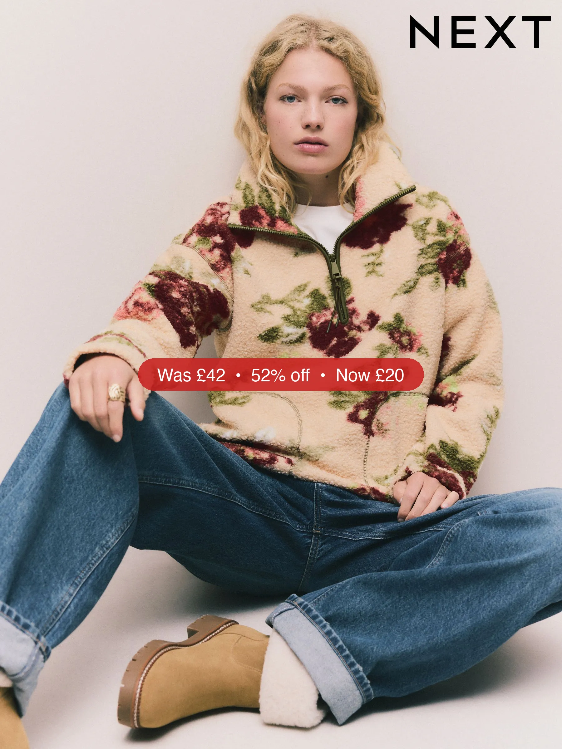 Next Pink Floral Print Soft Touch Cosy Teddy Borg Quarter Zip Fleece – 52% Off