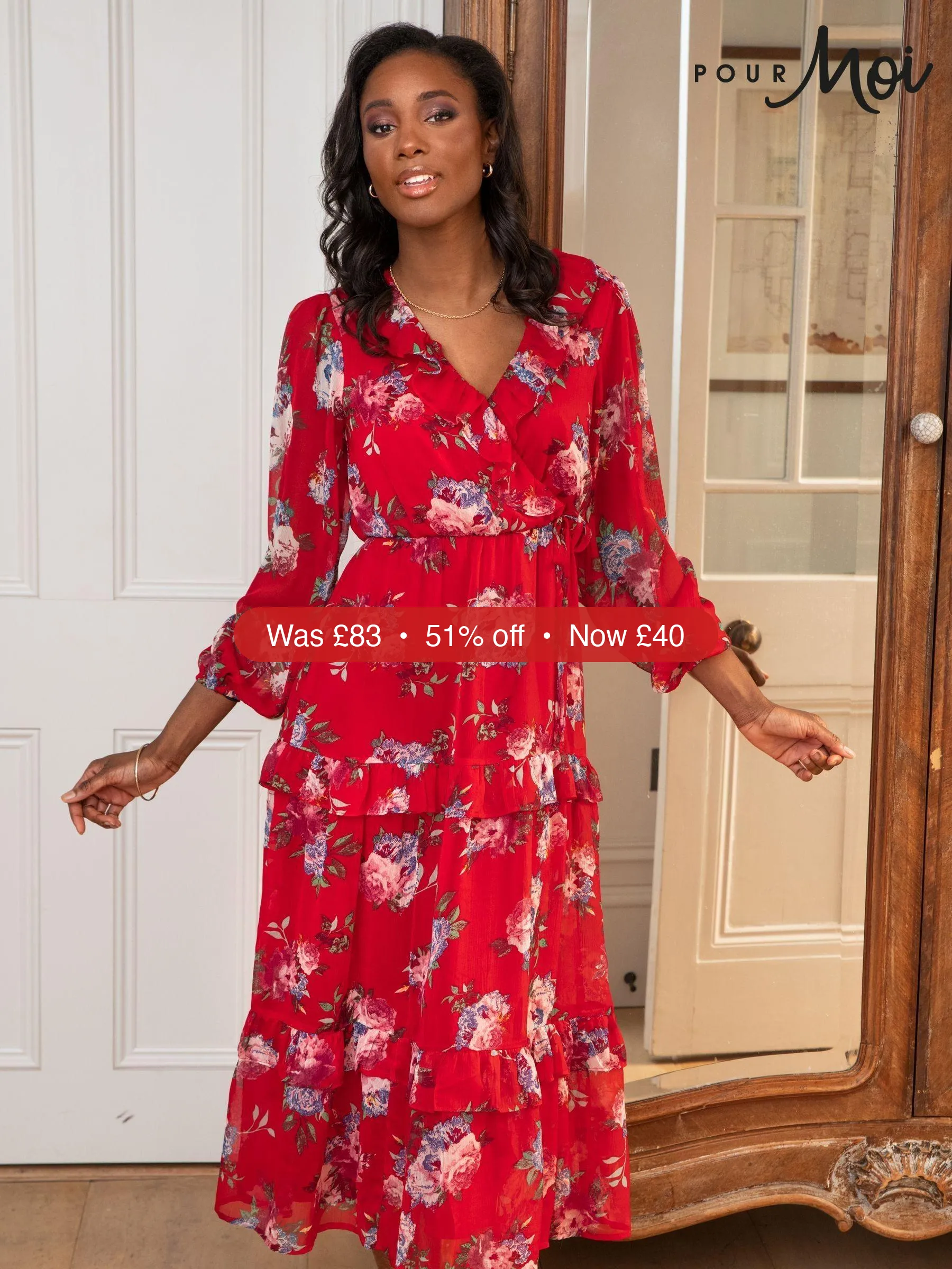 Next Pour Moi Red Floral Print Chiffon Frill Midaxi Dress – 51% Off
