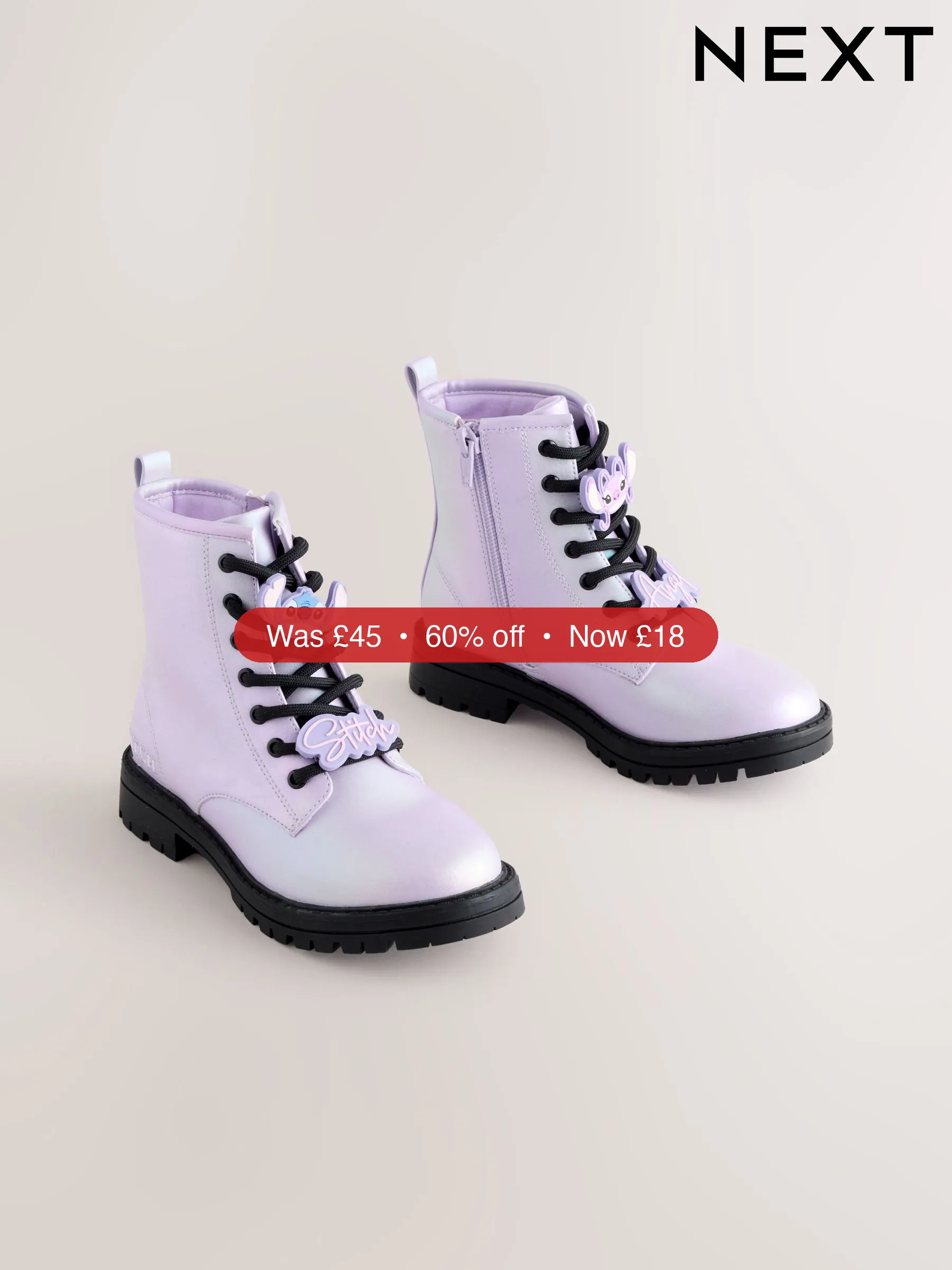 Next Purple Metallic Lilo & Stitch Warm Lined Lace up Ankle Boots – 60% Off