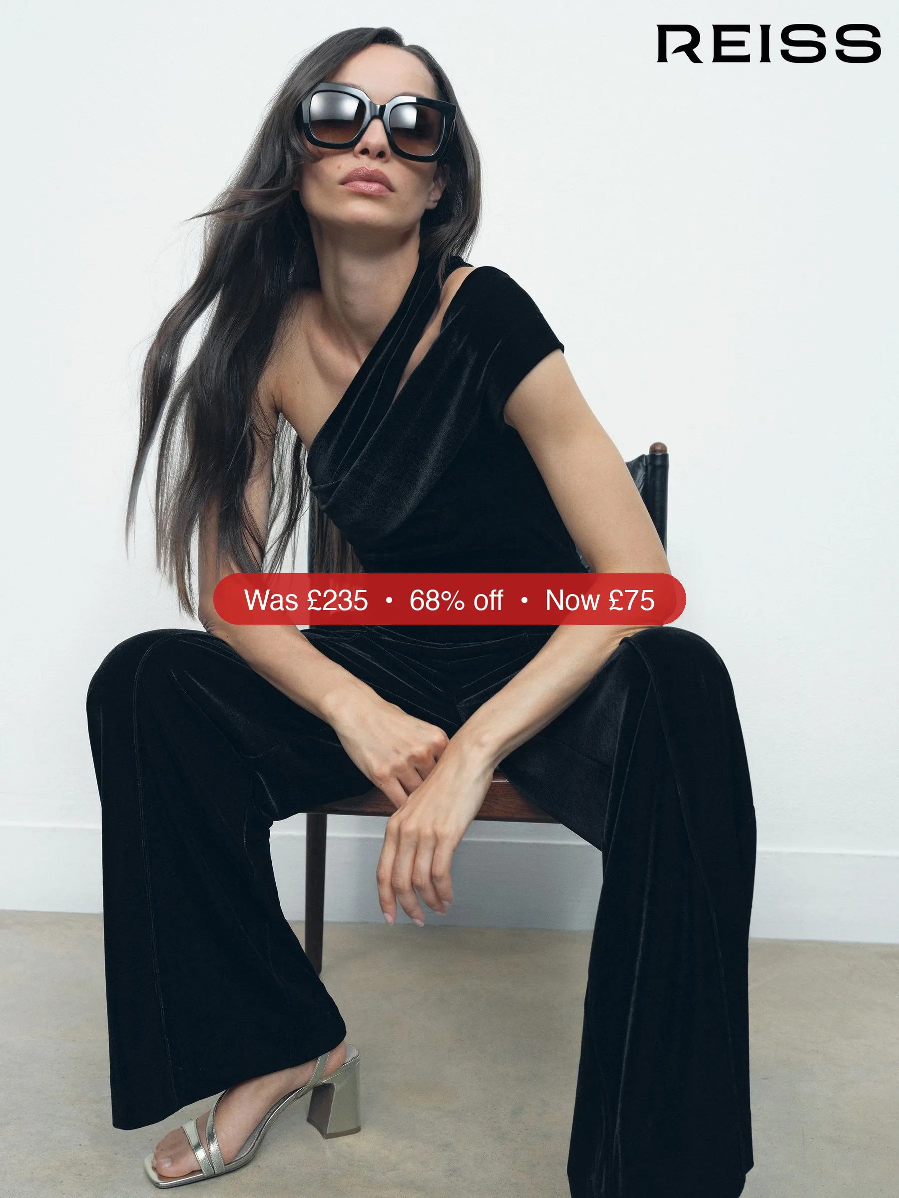 Next Reiss Black Daria Velvet One-Shoulder Wide-Leg Jumpsuit – 68% Off