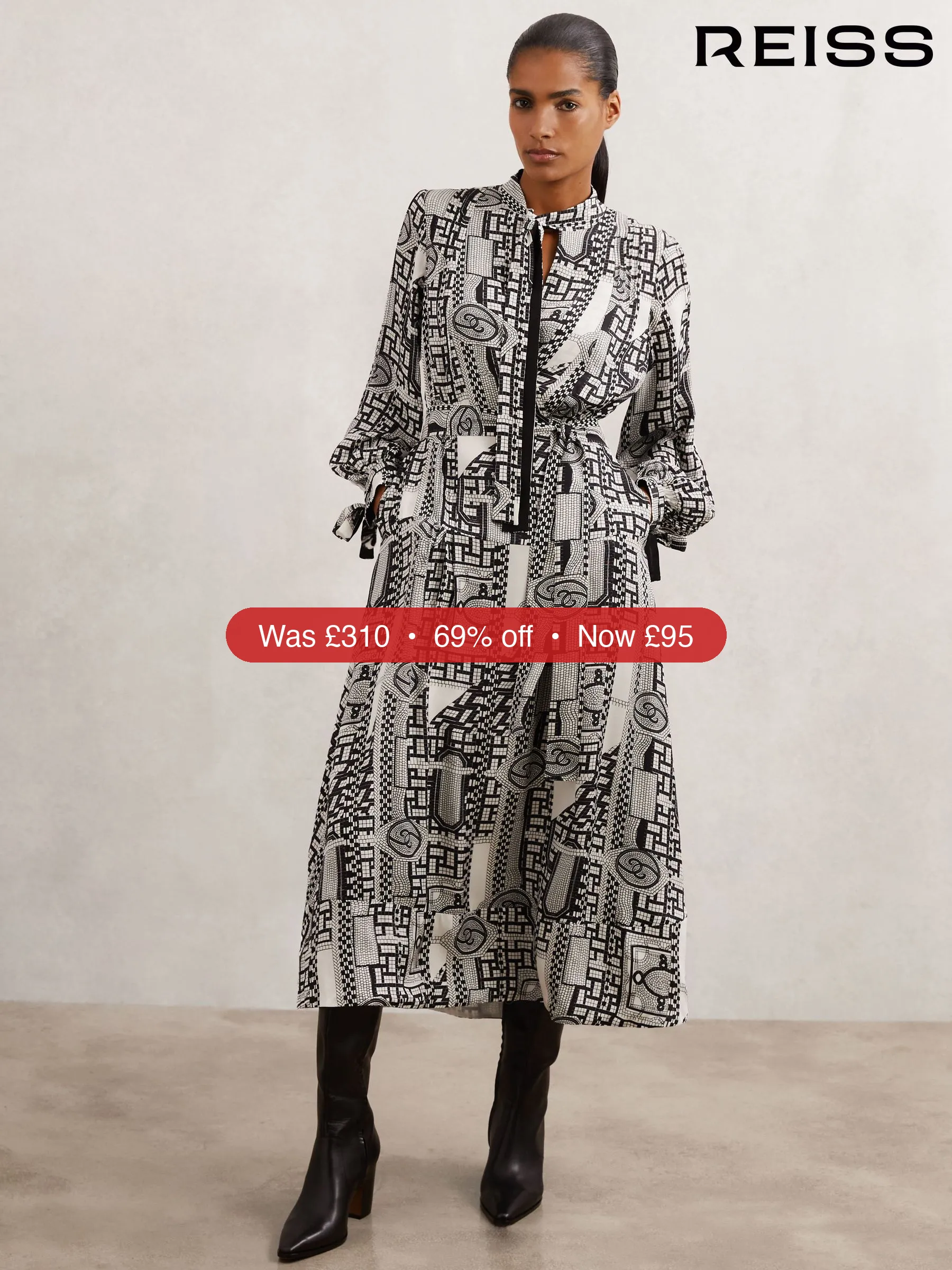 Next Reiss Black/Ivory Marie Geometric-Print Tie-Neck Dress – 69% Off