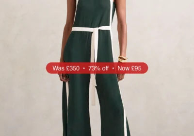 Next Reiss Dark Green/Cream Salma Colourblock Wide Leg Belted Jumpsuit - 73% Off in Ireland
