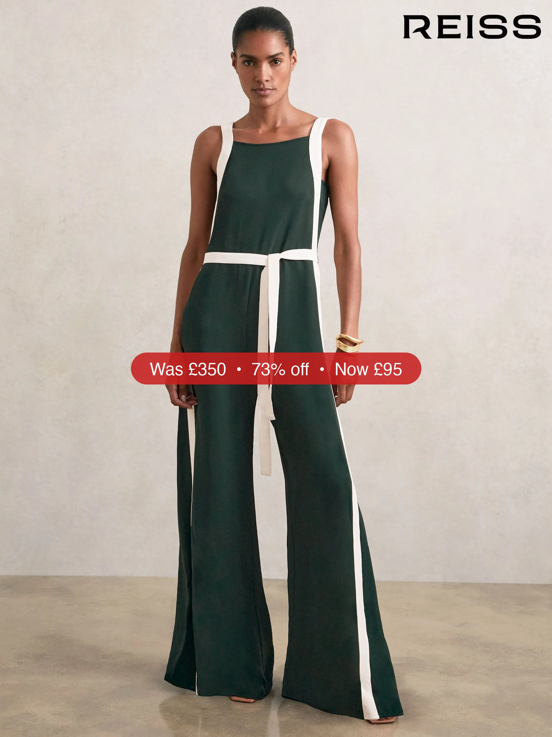 Next Reiss Dark Green/Cream Salma Colourblock Wide Leg Belted Jumpsuit – 73% Off