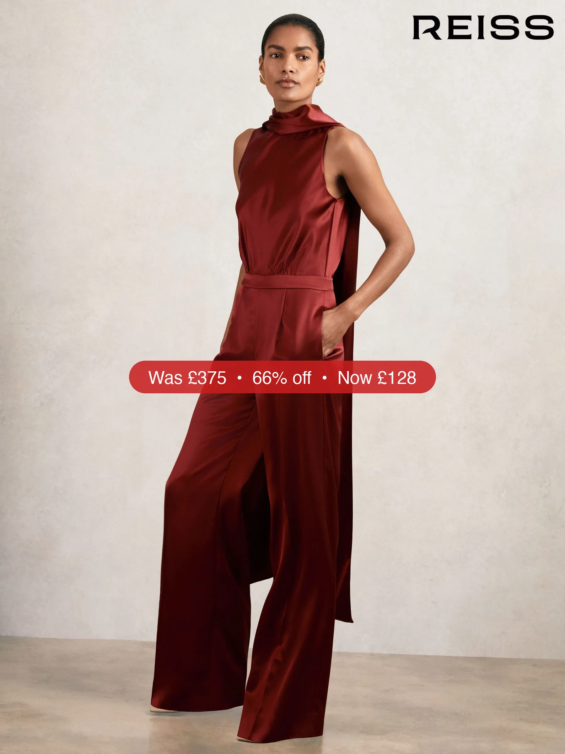 Next Reiss Dark Red Farah Satin Cape-Sash Jumpsuit – 66% Off