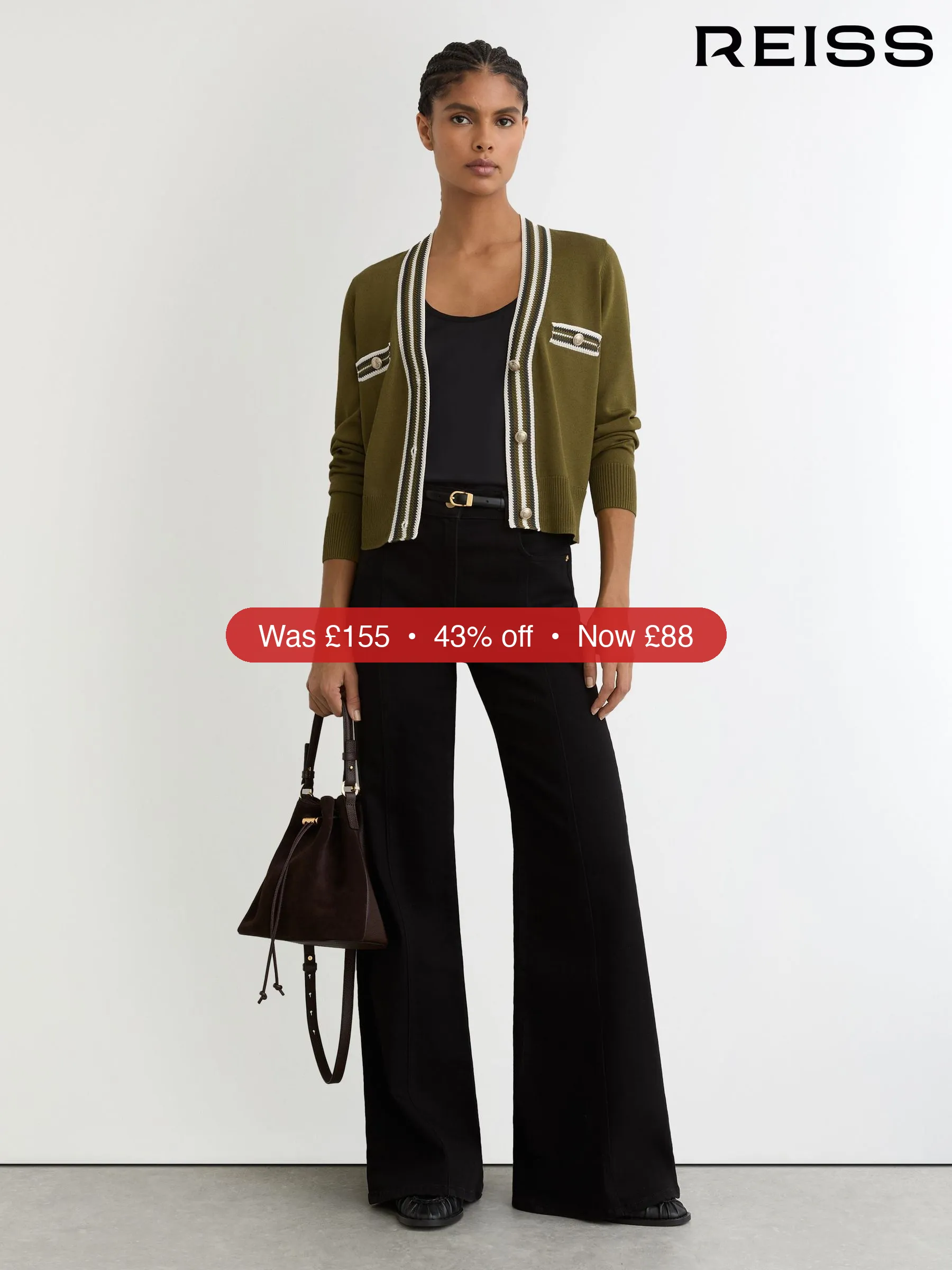 Next Reiss Green/Ivory Danni Tipped Button-Through Cardigan – 43% Off