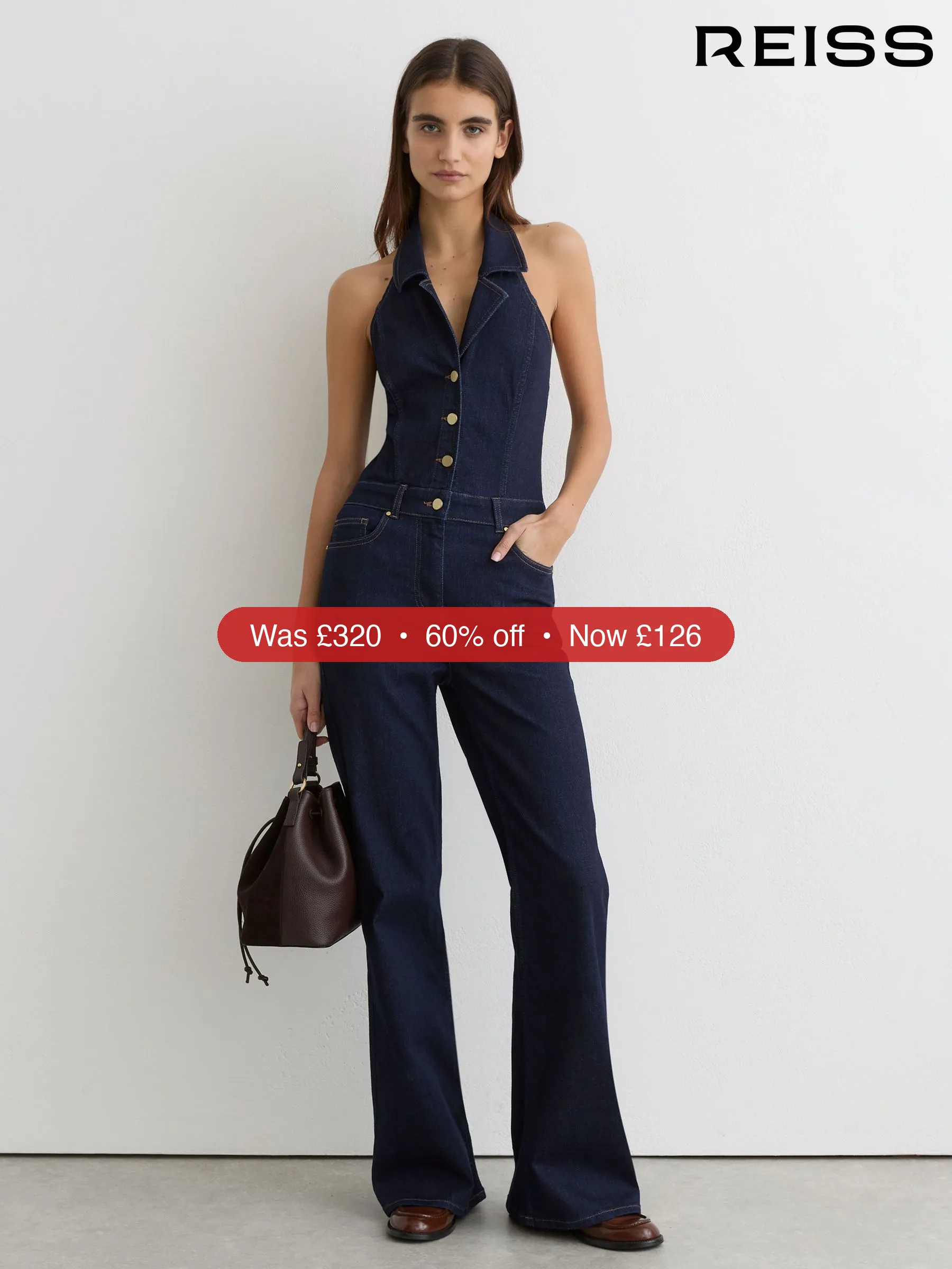 Next Reiss Indigo Blue Lolita Denim Halterneck Flared Jumpsuit – 60% Off