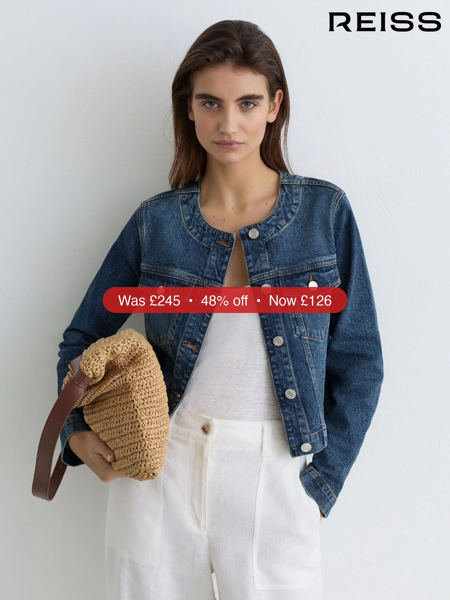 Next Reiss Mid Blue Medora Collarless Cropped Jacket – 48% Off