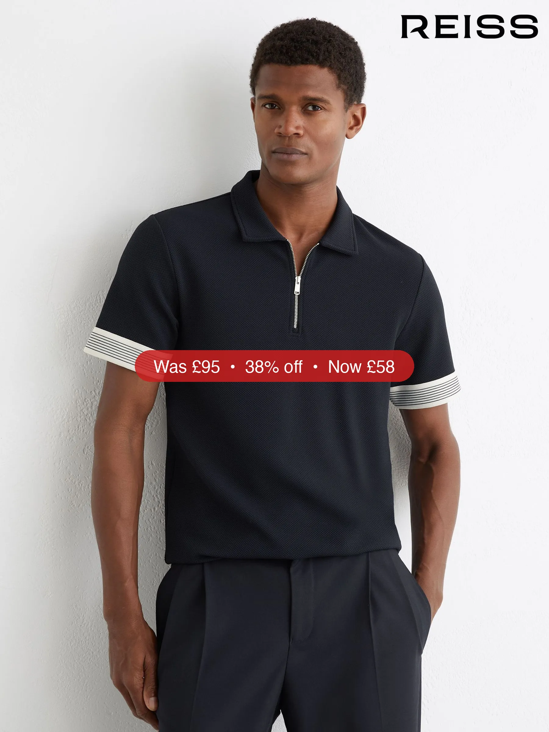 Next Reiss Navy Bruno Sleeve-Trim Half-Zip Polo Shirt – 38% Off