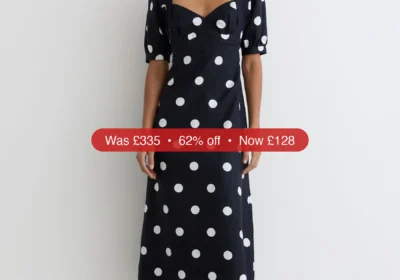 Next Reiss Navy/Ivory Astrid Linen Puff-Sleeve Polka-Dot Midi Dress - 62% Off in Ireland