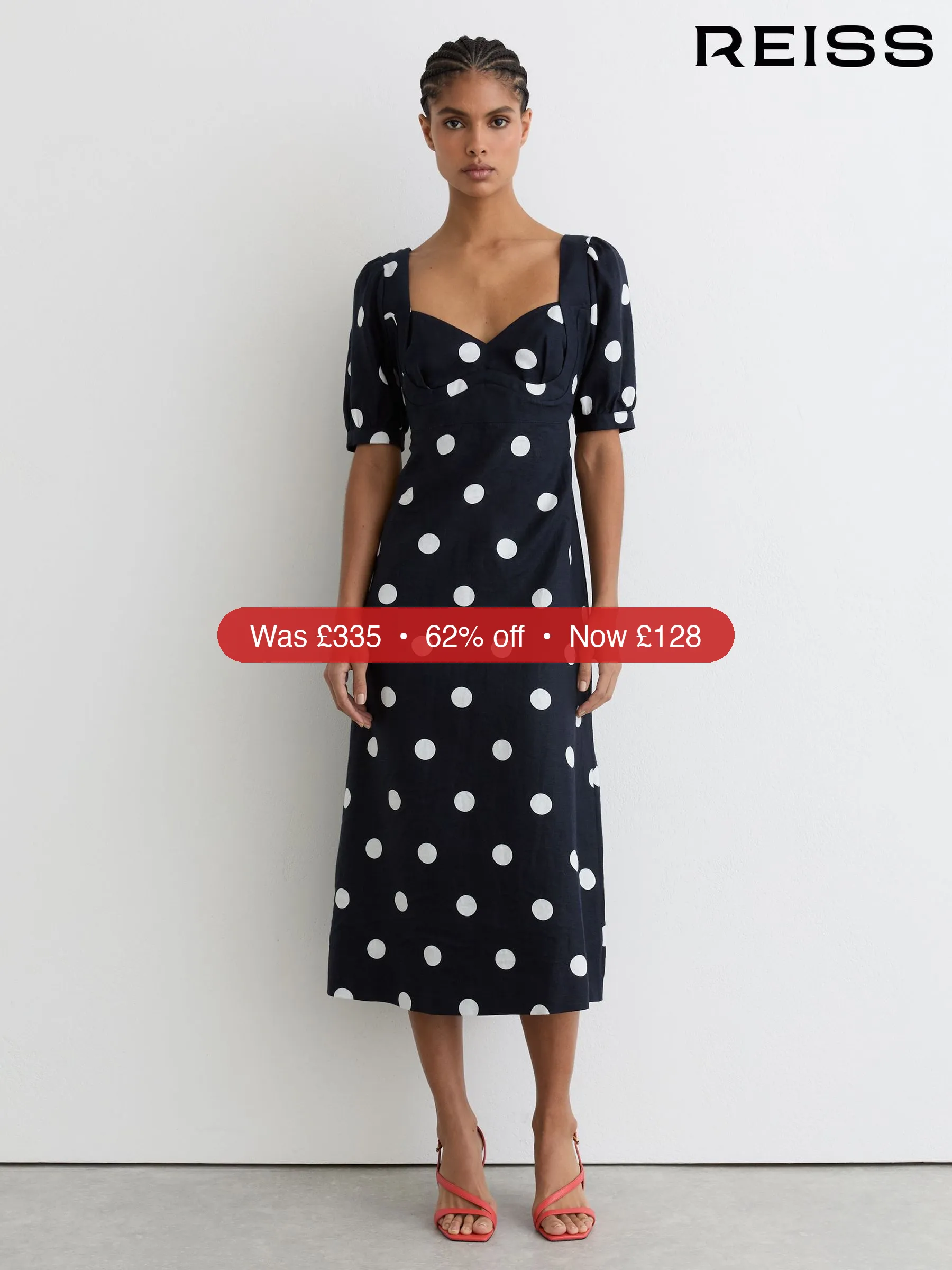 Next Reiss Navy/Ivory Astrid Linen Puff-Sleeve Polka-Dot Midi Dress – 62% Off