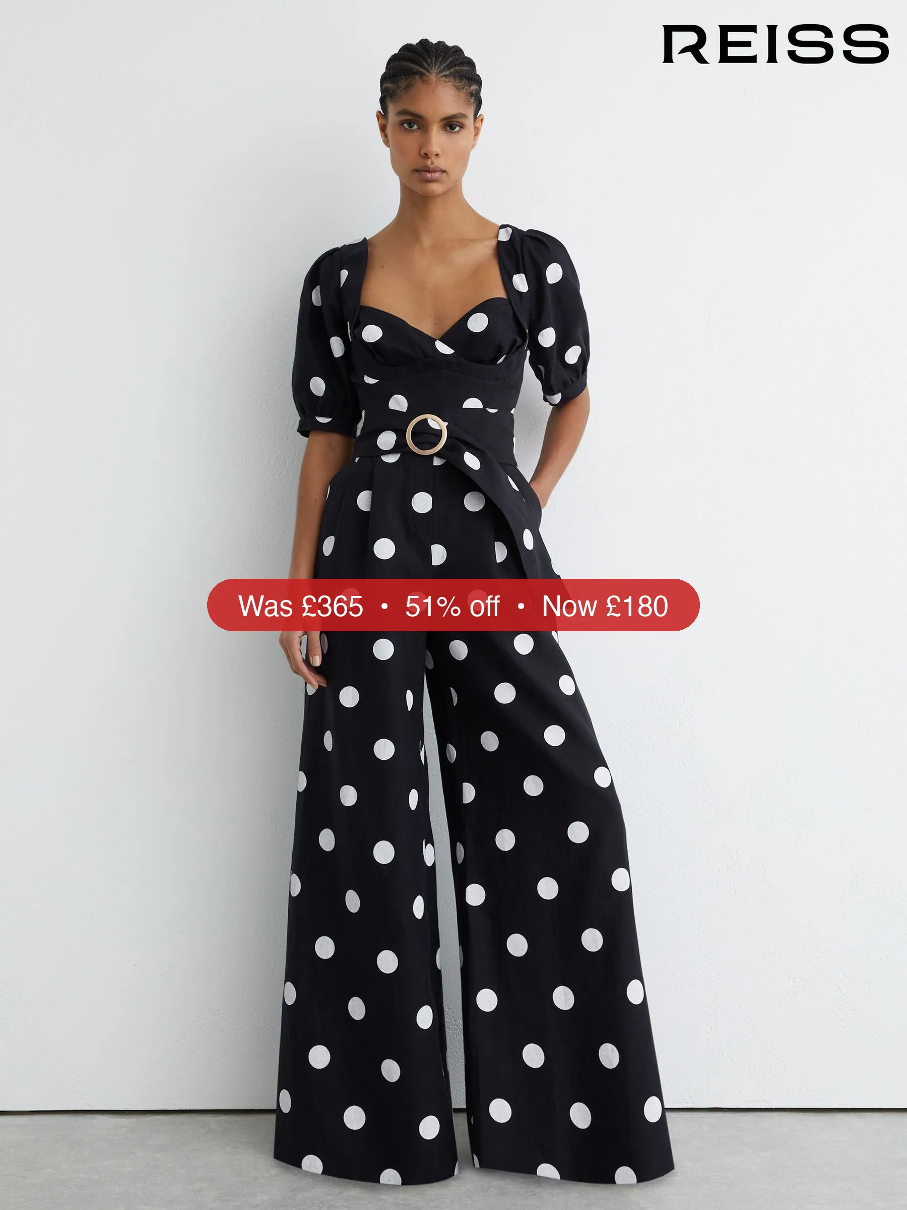 Next Reiss Navy/Ivory Brook Linen Polka-Dot Wide-Leg Jumpsuit – 51% Off