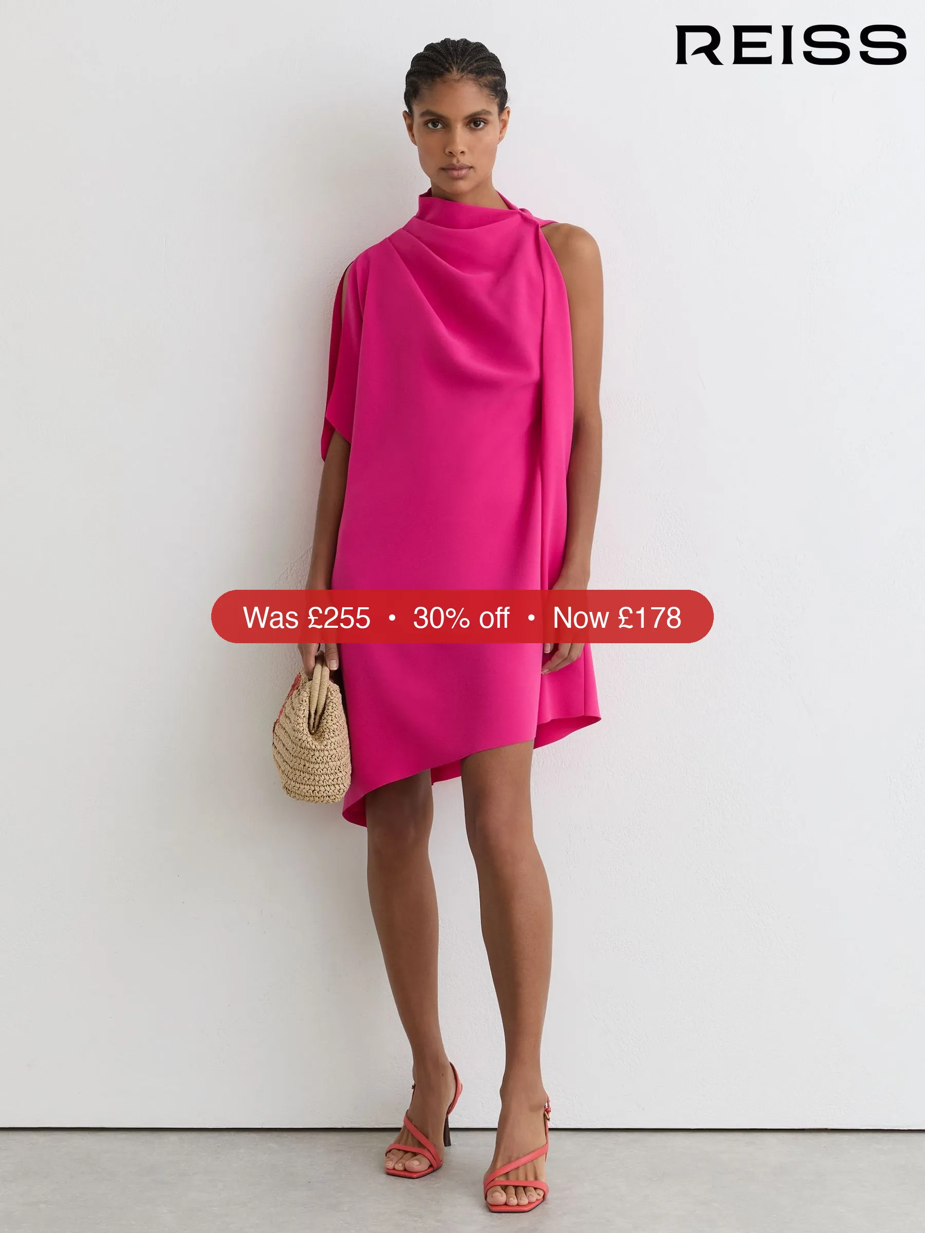 Next Reiss Pink Ellery One-Shoulder Draped Mini Dress – 30% Off