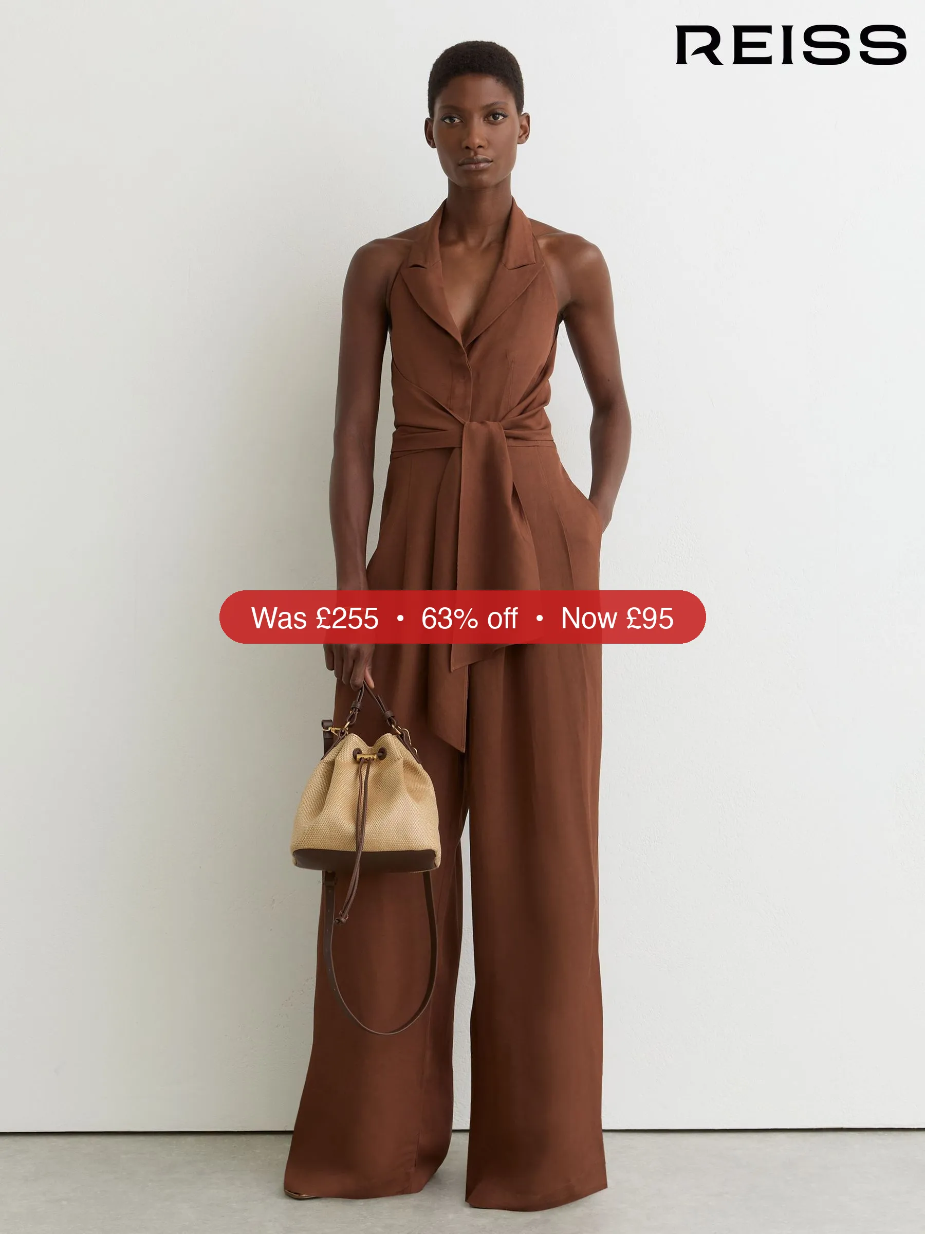 Next Reiss Rust Orange Taya Tie-Front Wide-Leg Jumpsuit with Linen – 63% Off