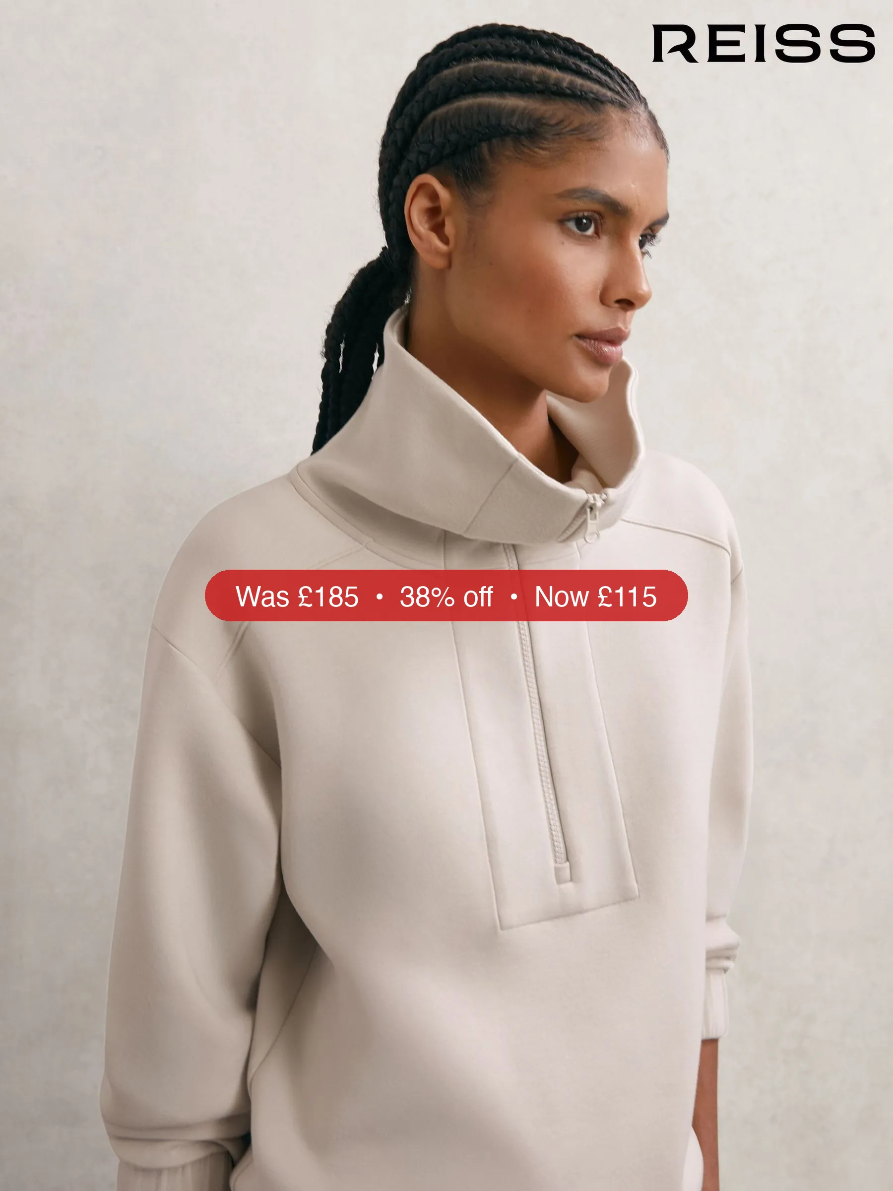 Next Reiss Stone Neutral Laney Premium Interlock Half-Zip Sweatshirt – 38% Off