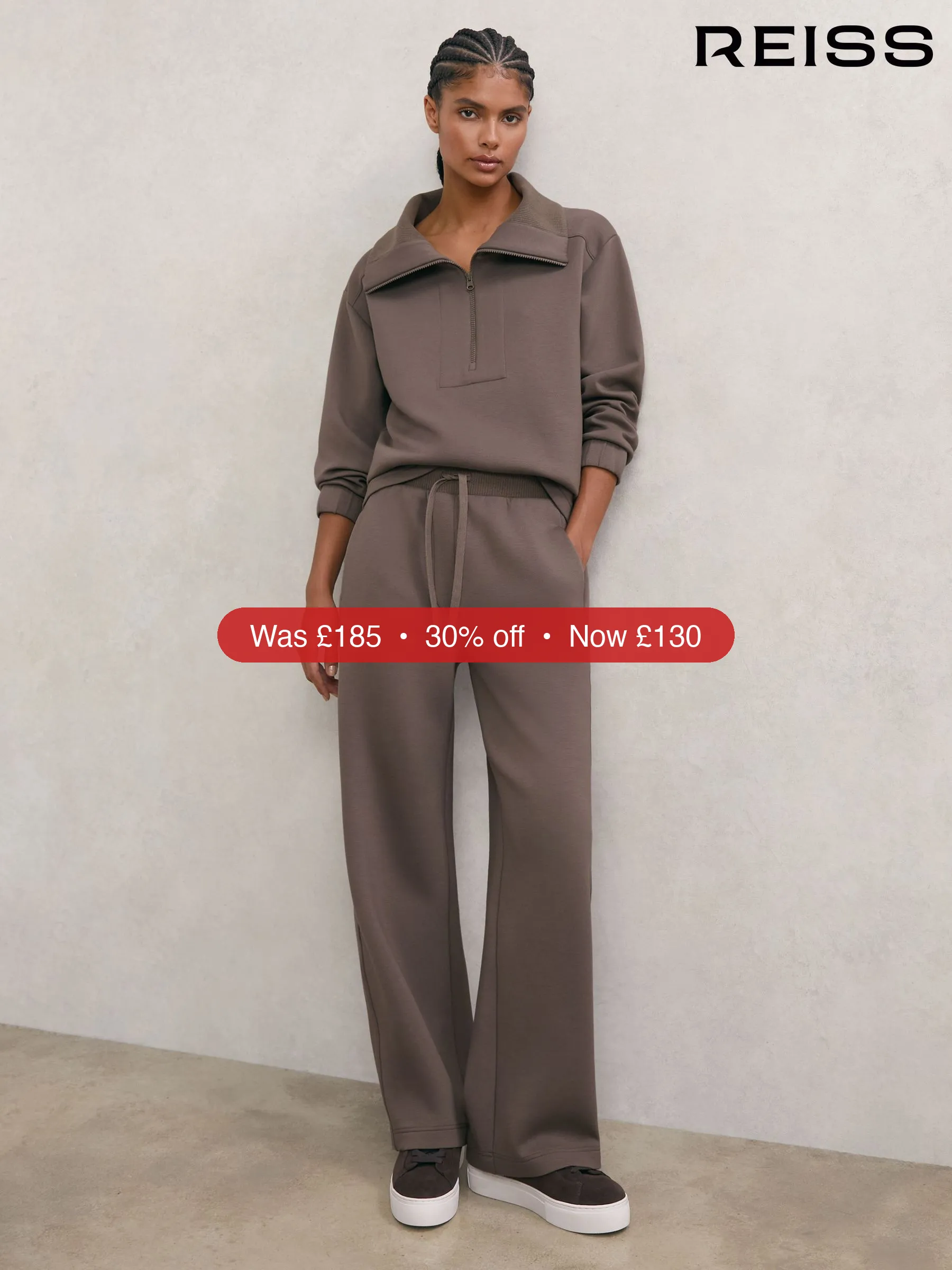 Next Reiss Taupe Brown Laney Petite Premium Interlock Wide-Leg Joggers – 30% Off