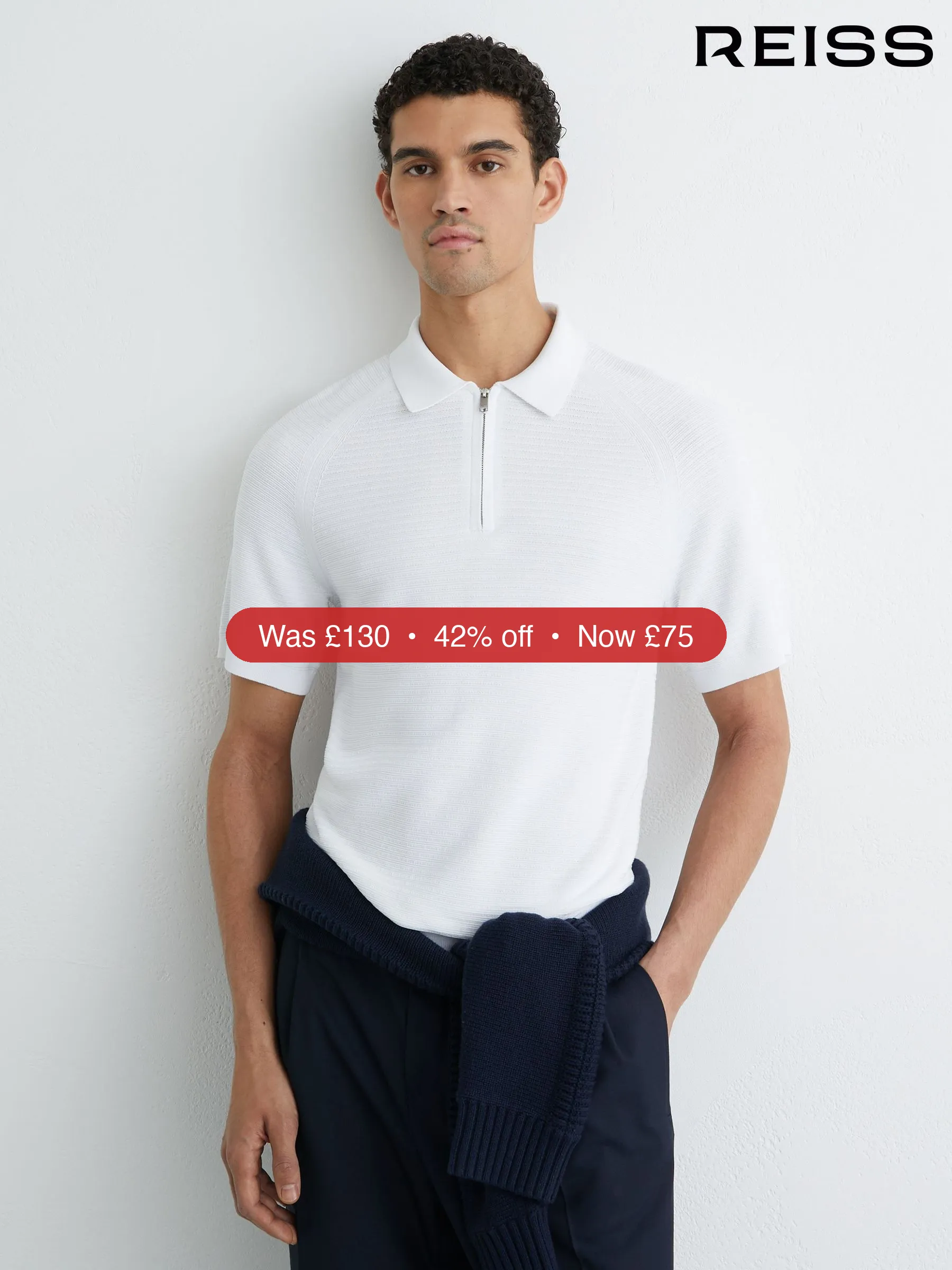 Next Reiss White Estate Textured-Knit Half-Zip Polo Shirt – 42% Off