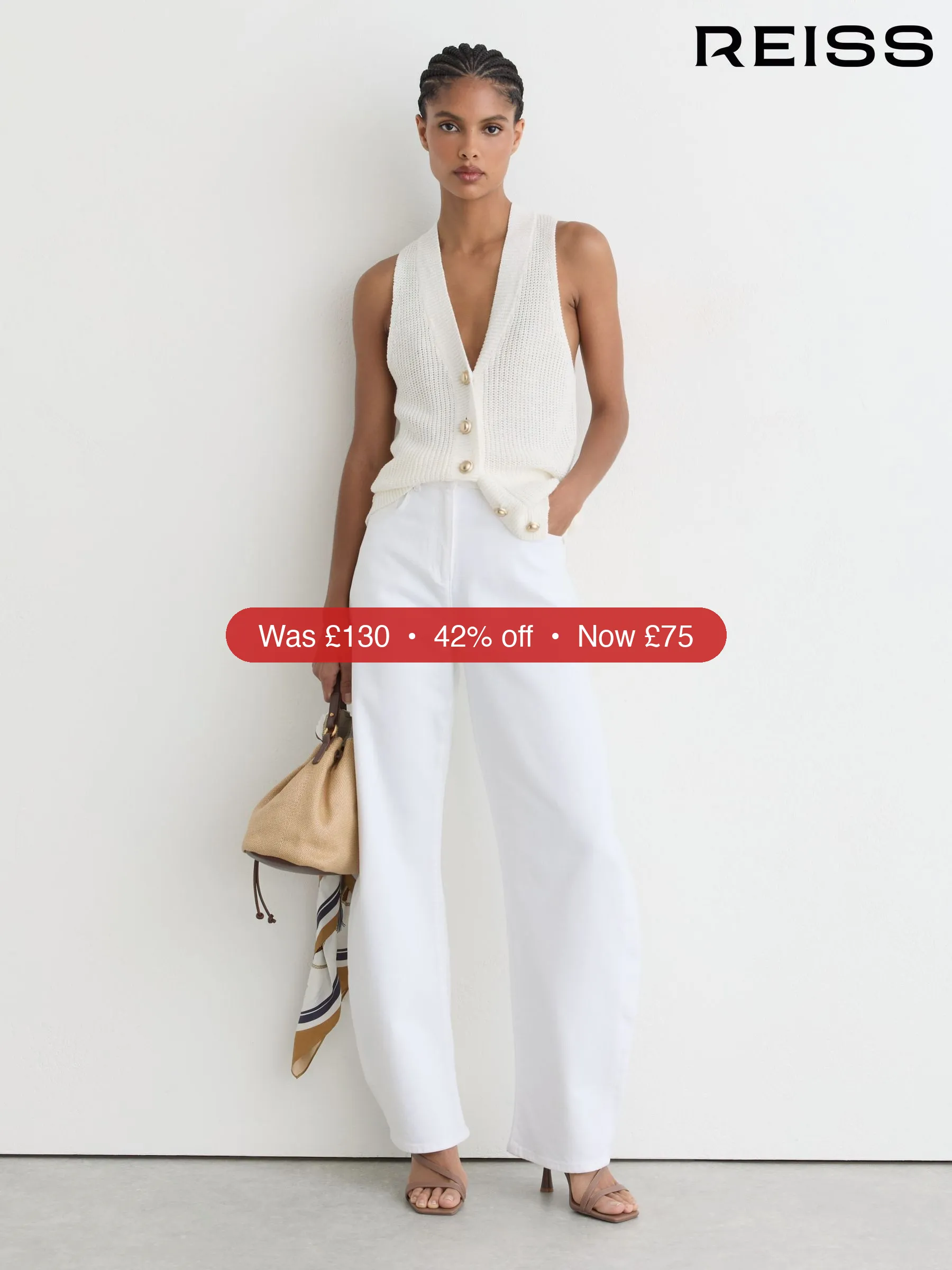 Next Reiss White Robin Linen Button-Through Knitted Waistcoat – 42% Off