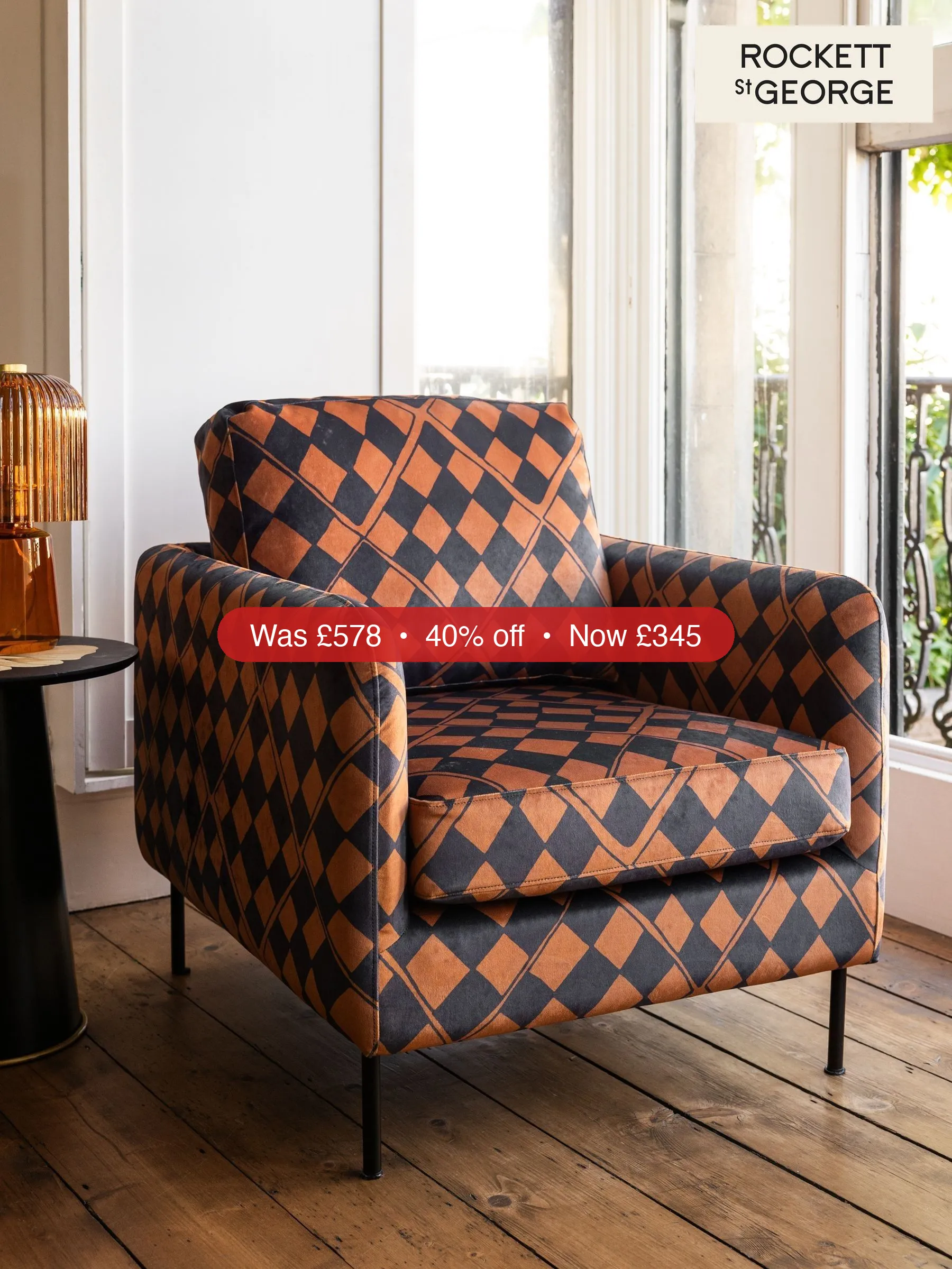 Next Rockett St George Caramel Brown Check Velvet The Edie Accent Chair – 40% Off