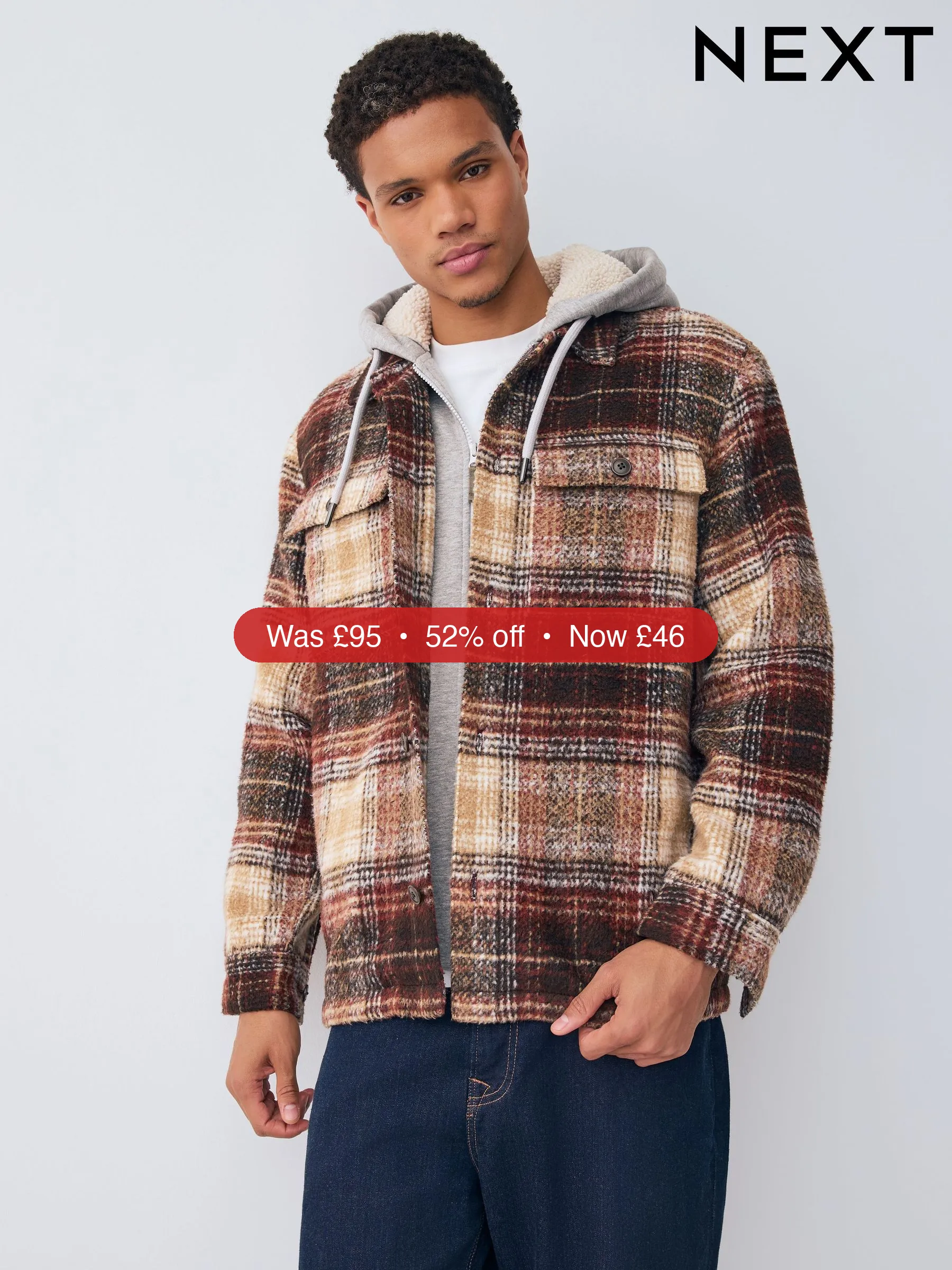Next Rust Brown Borg Lined Hooded Check Shacket – 52% Off