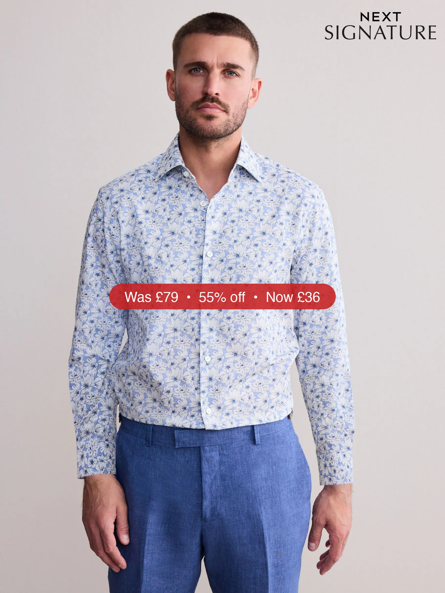 Next Sky Blue Slim Fit Signature 100% Cotton Floral Print Long Sleeve Shirt – 55% Off
