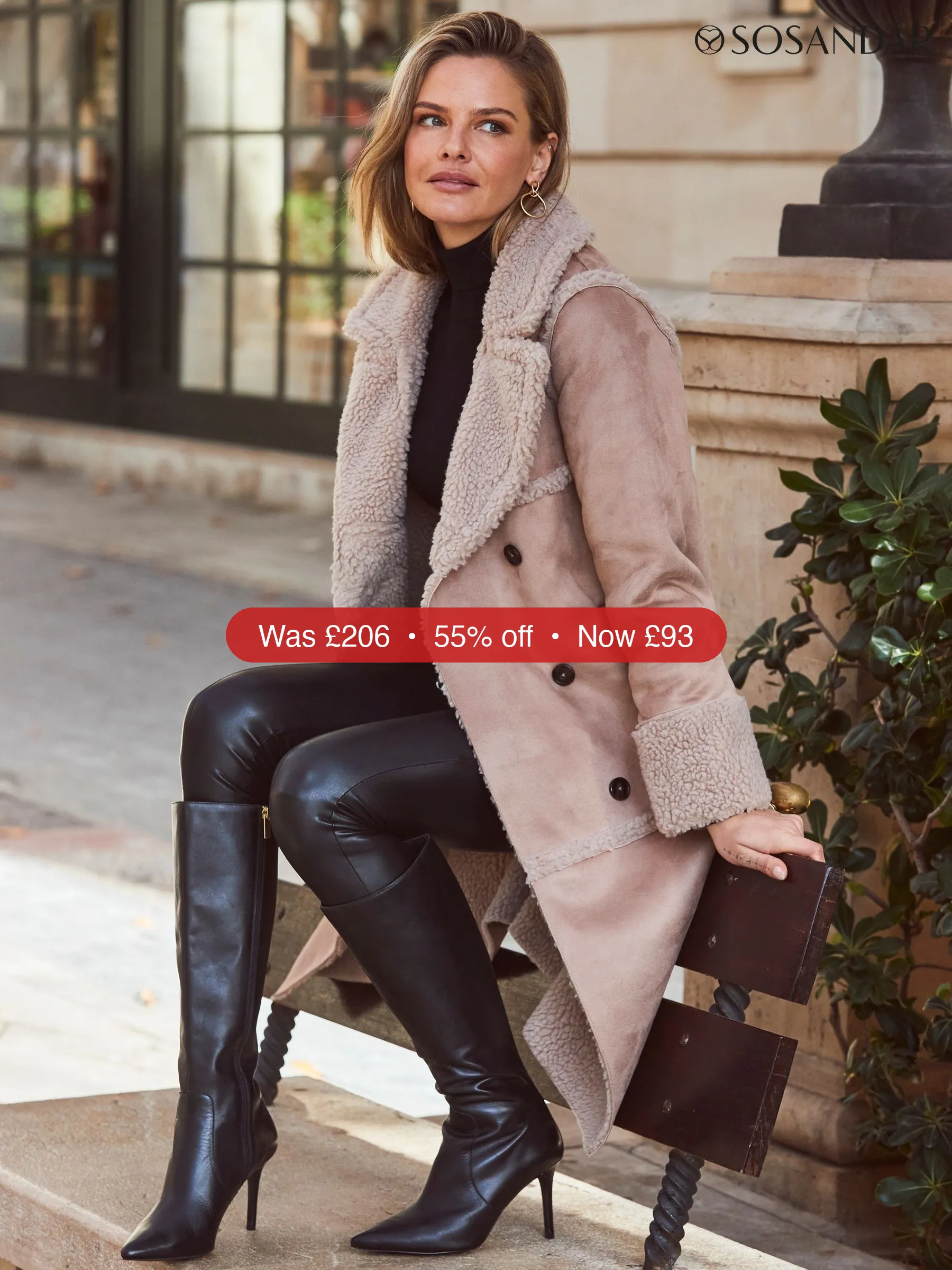 Next Sosandar Natural Faux Suede & Shearling Double Breasted Coat – 55% Off