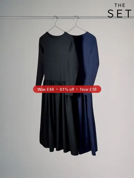 Next The Set 2 Pack Drop Waist Long Sleeve Dresses Navy Blue/Black – 61% Off