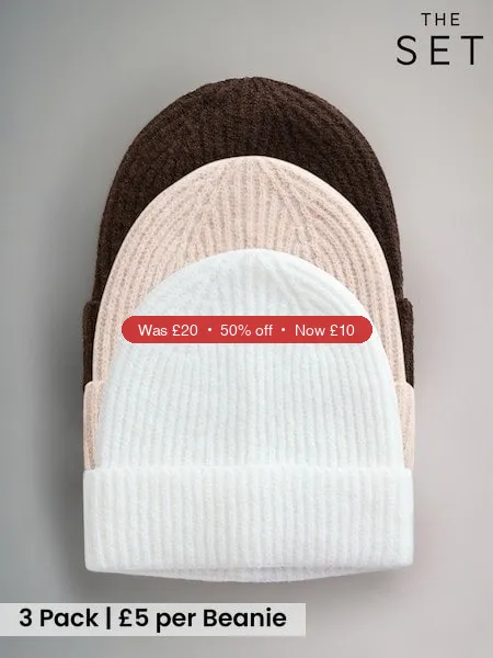 Next The Set 3 Pack Beanies Oat/Chocolate Brown/Cream – 50% Off